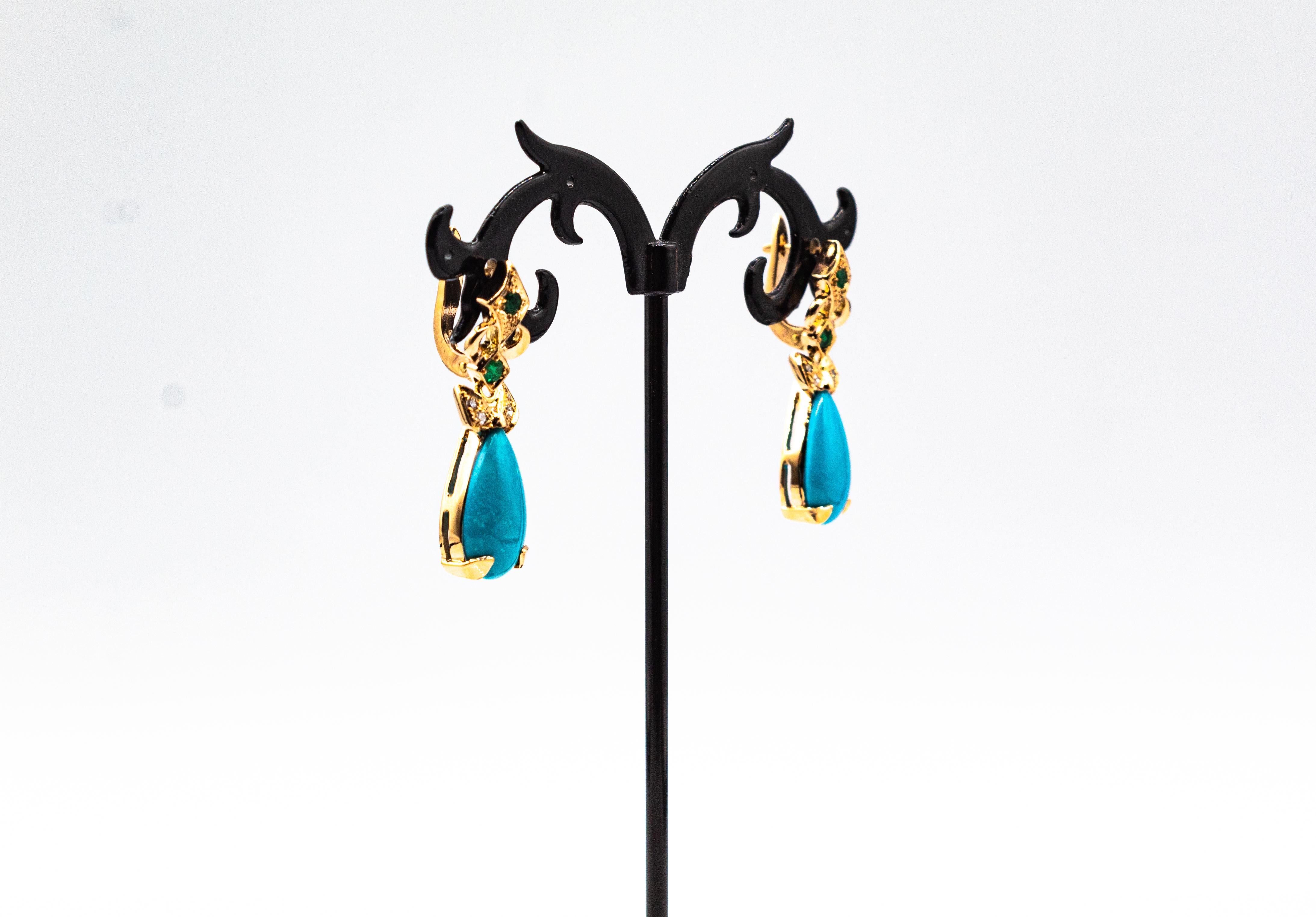 Women's or Men's Art Deco Style White Diamond Emerald Turquoise Yellow Gold Lever Back Earrings For Sale