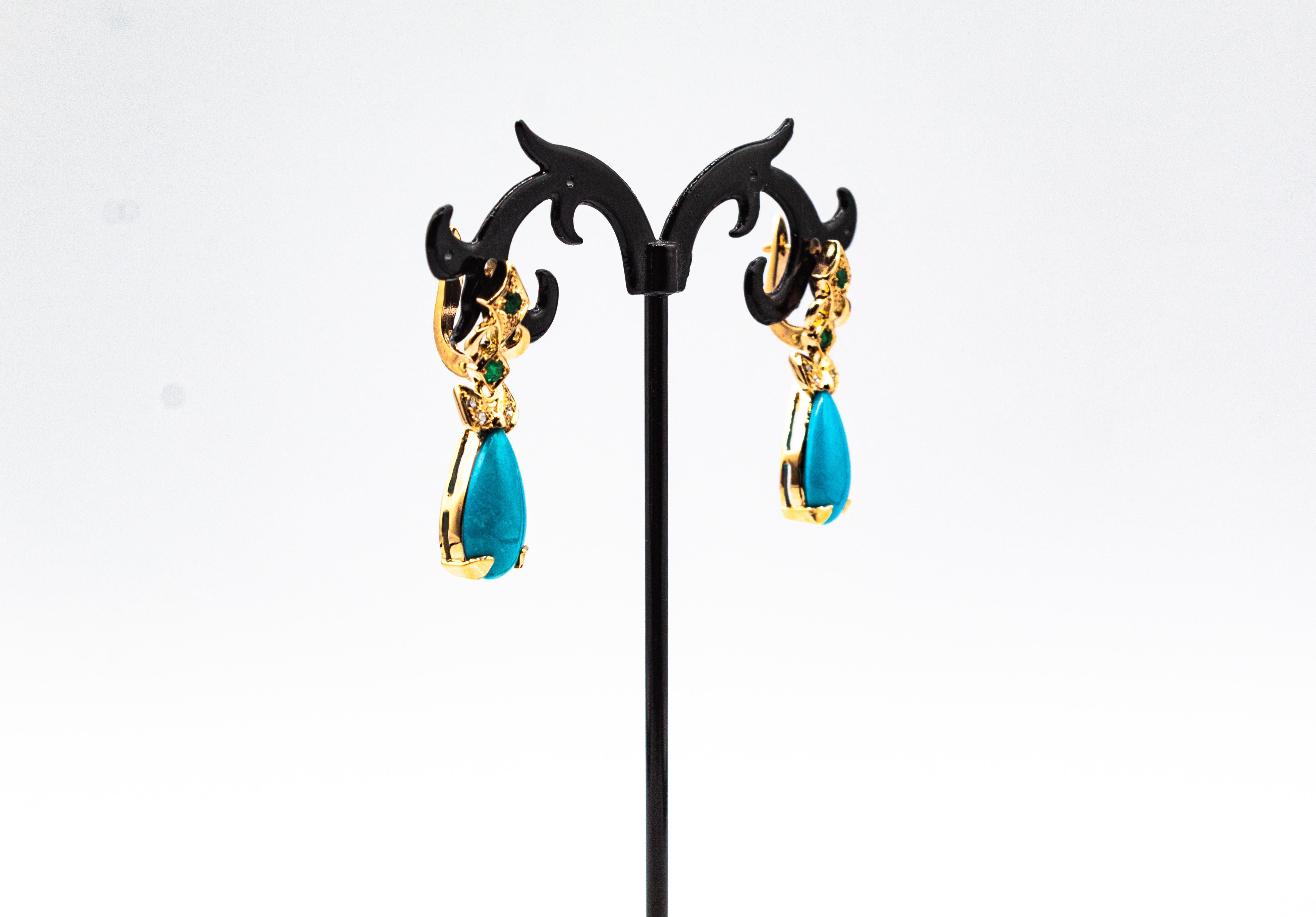 Pendientes de palanca de oro amarillo estilo art déco con diamante blanco esmeralda turquesa en Nuevo estado para la venta en Naples, IT