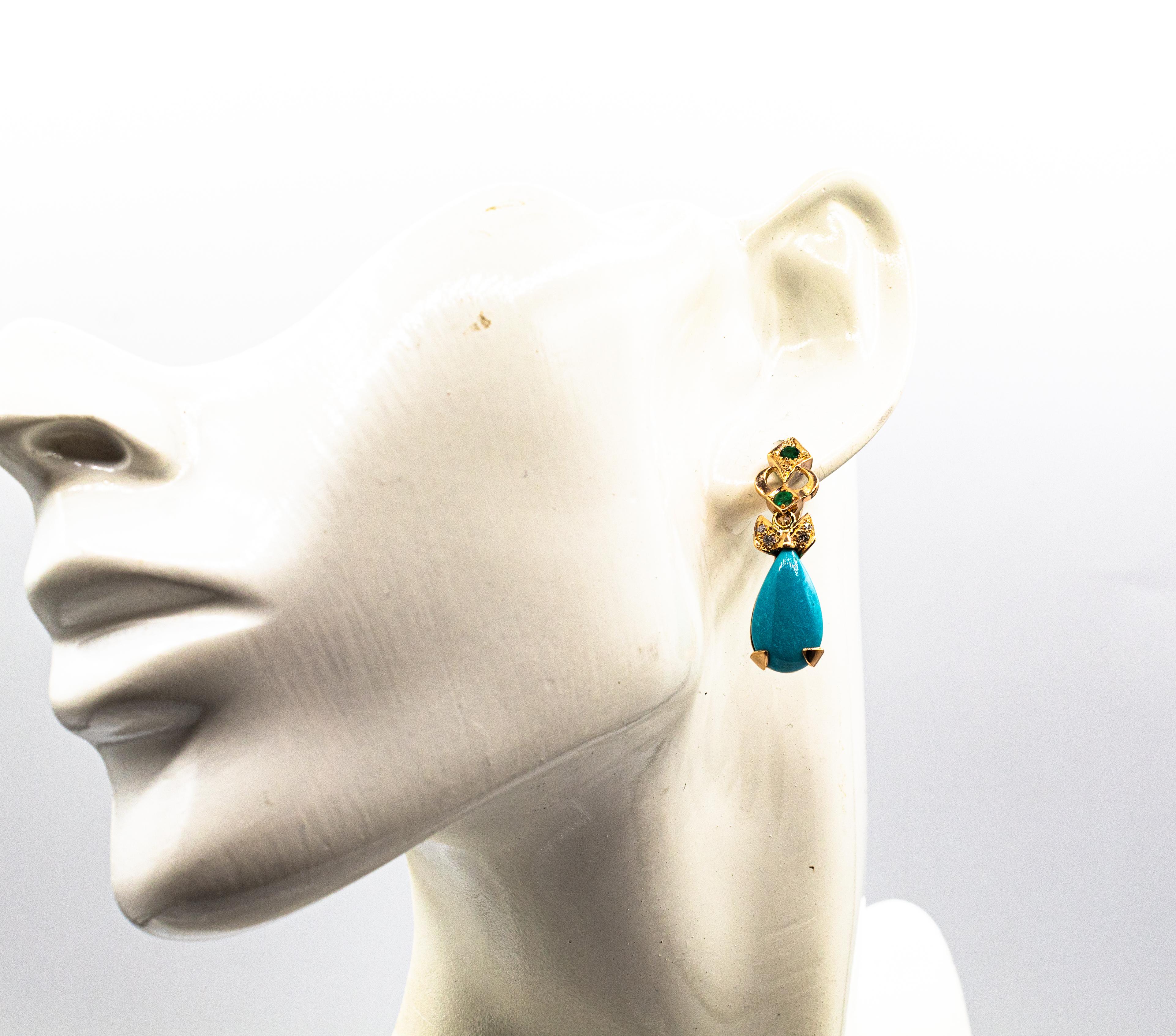 Ohrringe im Art-déco-Stil, weißer Diamant, Smaragd, Türkis, Gelbgold, Klappbrisur für Damen oder Herren im Angebot