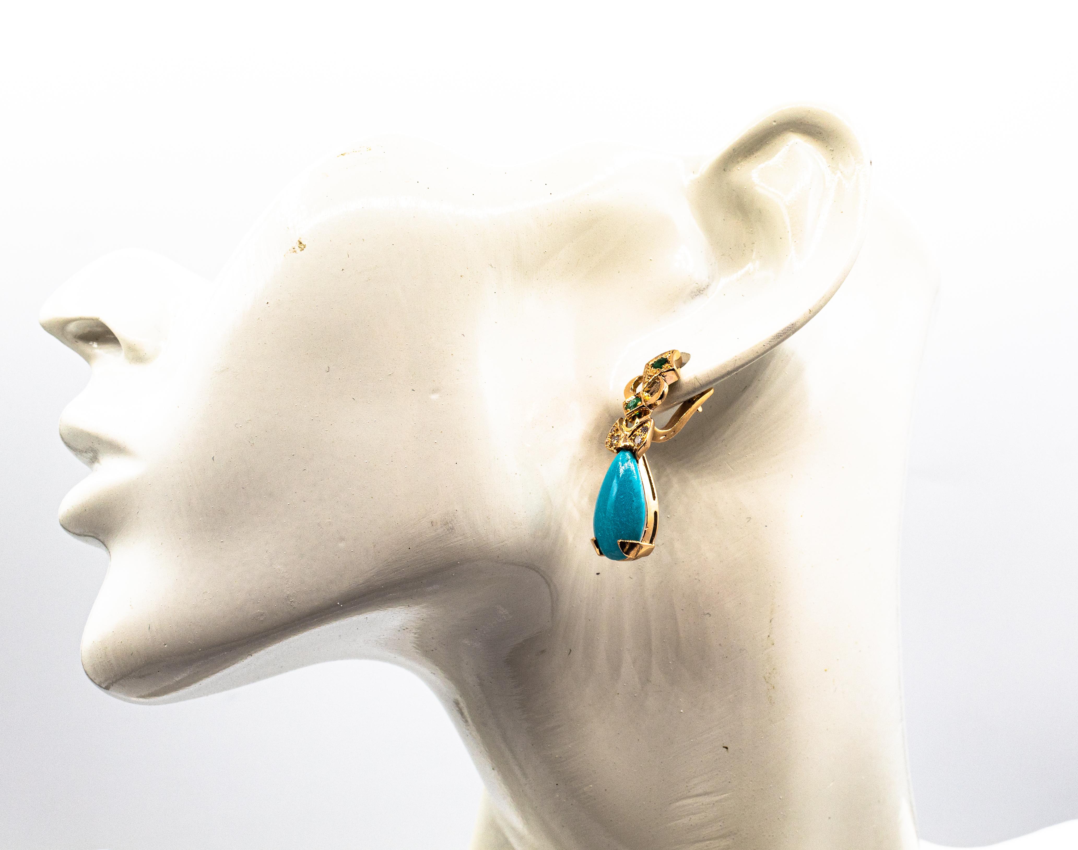 Pendientes de palanca de oro amarillo estilo art déco con diamante blanco esmeralda turquesa en venta 1