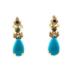 Art Deco Style White Diamond Emerald Turquoise Yellow Gold Lever Back Earrings