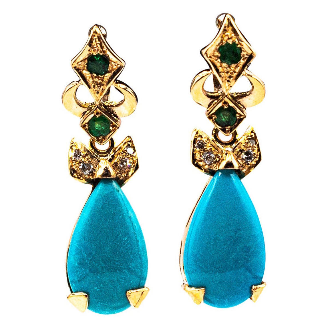 Art Deco Style White Diamond Emerald Turquoise Yellow Gold Lever Back Earrings For Sale