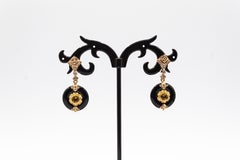 Art Deco Style White Diamond Handcut Onyx Citrine Yellow Gold Stud Earrings