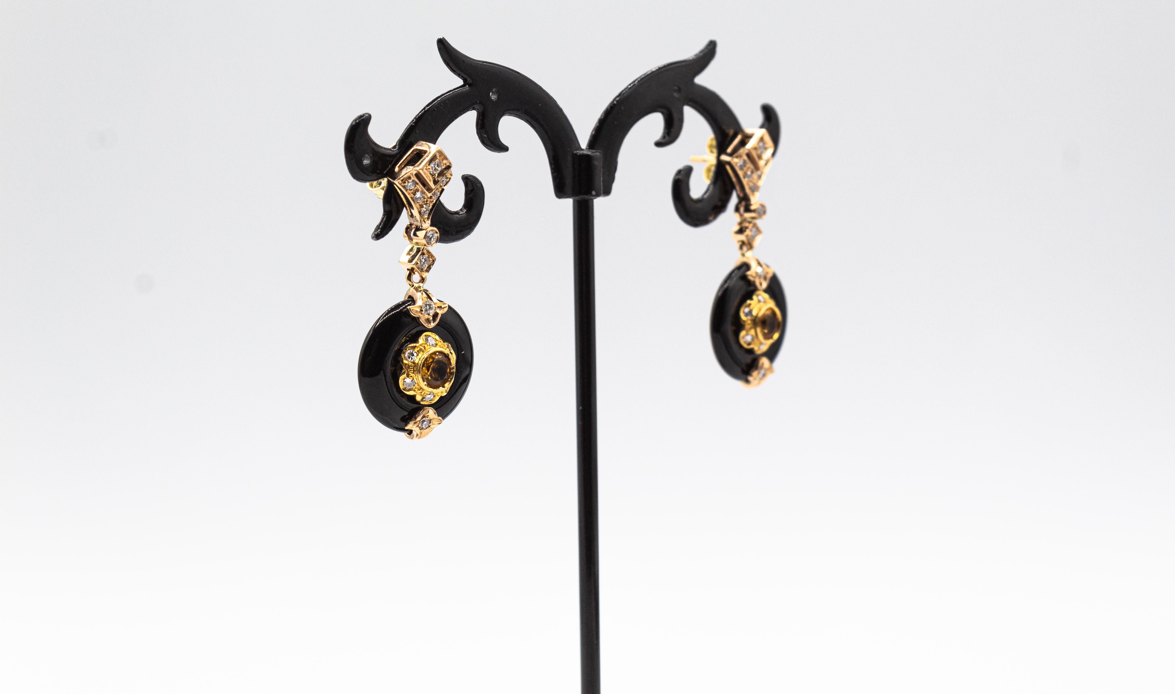 Taglio brillante Art Deco Style White Diamond Handcut Onyx Citrine Yellow Gold Stud Earrings in vendita