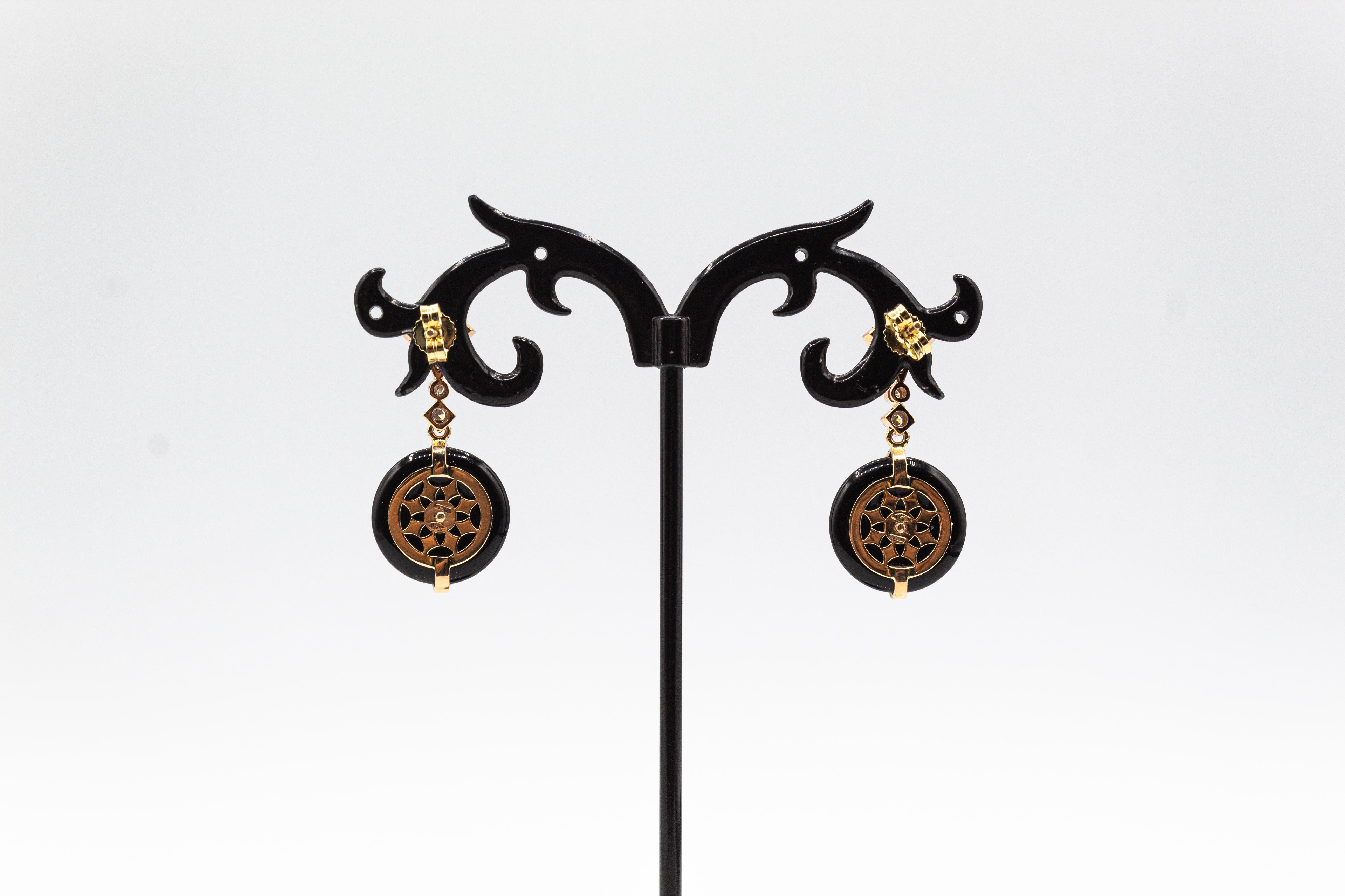 Art Deco Style White Diamond Handcut Onyx Citrine Yellow Gold Stud Earrings In condizioni Nuovo in vendita a Naples, IT