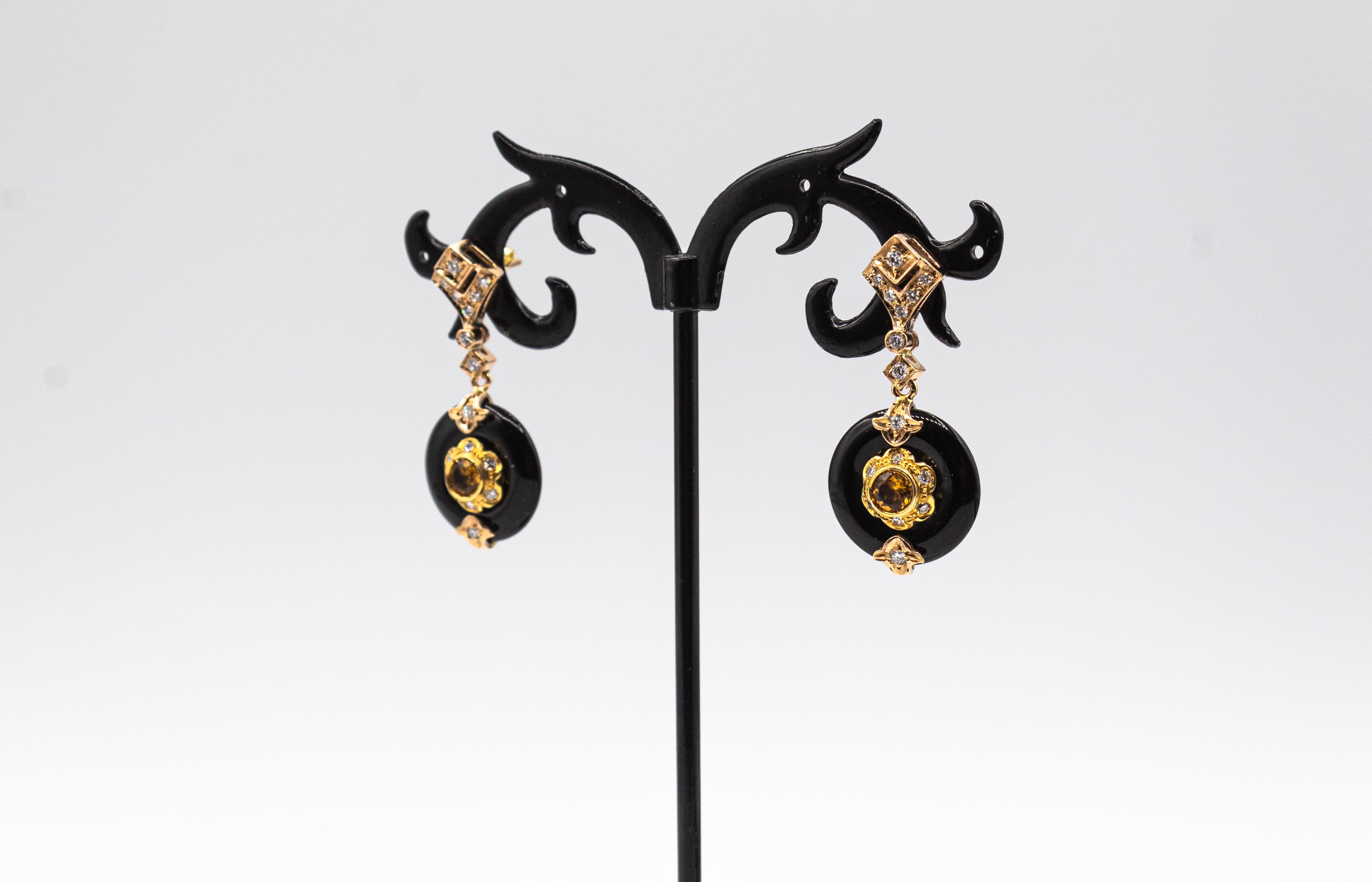 da uomo o donna Art Deco Style White Diamond Handcut Onyx Citrine Yellow Gold Stud Earrings in vendita
