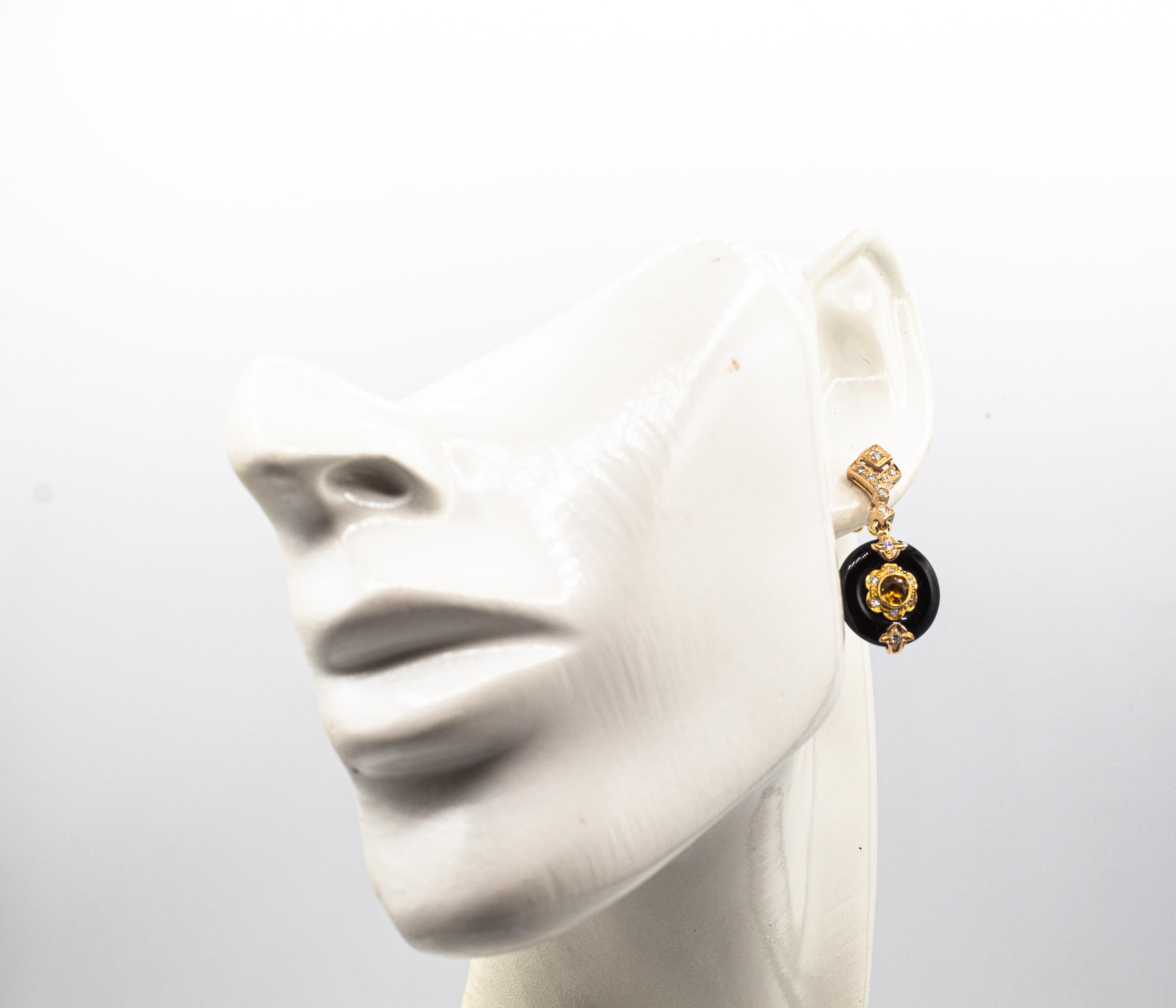 Art Deco Style White Diamond Handcut Onyx Citrine Yellow Gold Stud Earrings For Sale 1