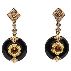 Gelbgold-Ohrstecker im Art-déco-Stil mit weißen Diamanten im Handschliff, Onyx und Citrin