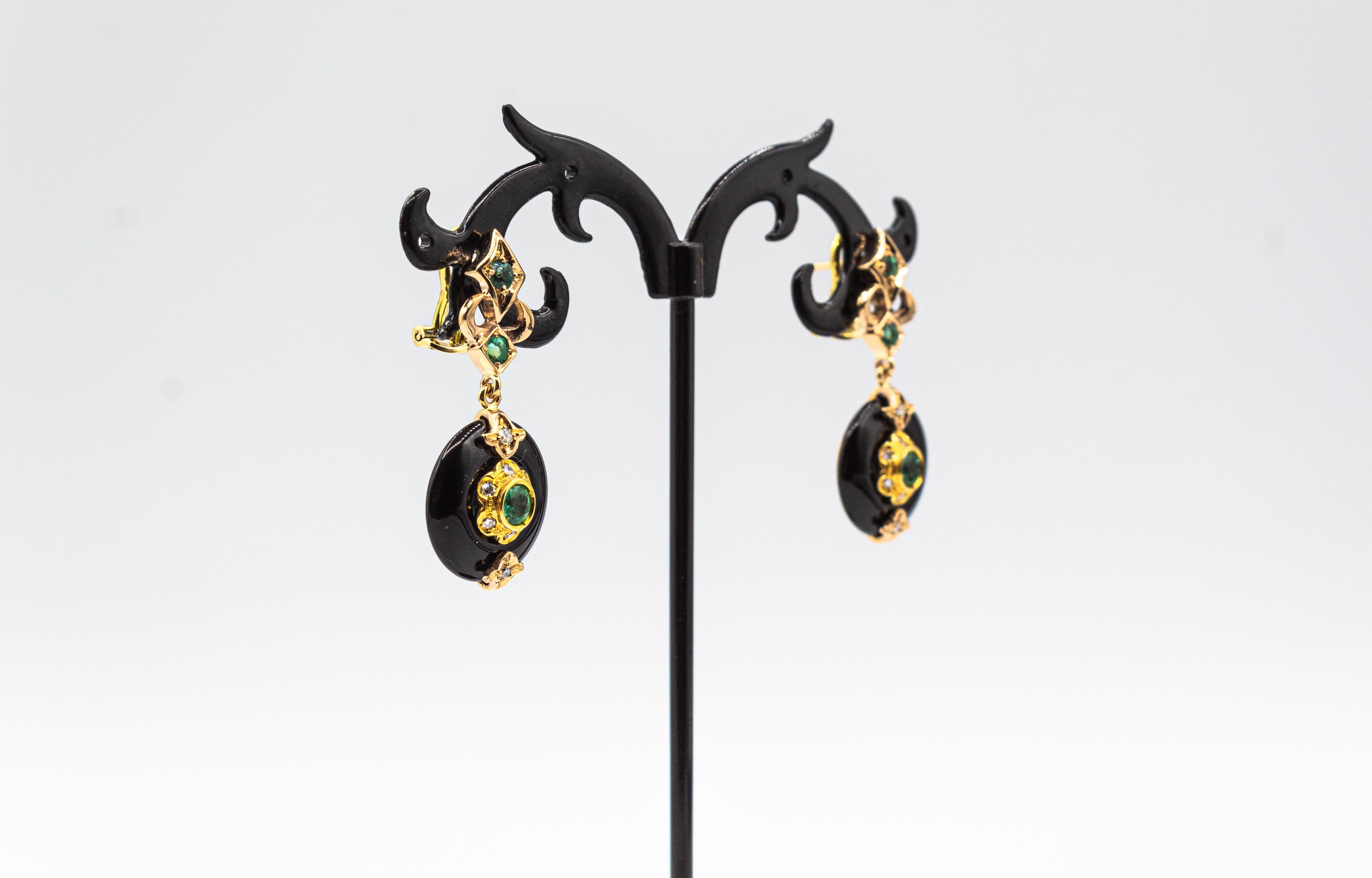 Women's or Men's Art Deco Style White Diamond Handcut Onyx Emerald Yellow Gold Clip-On Earrings For Sale