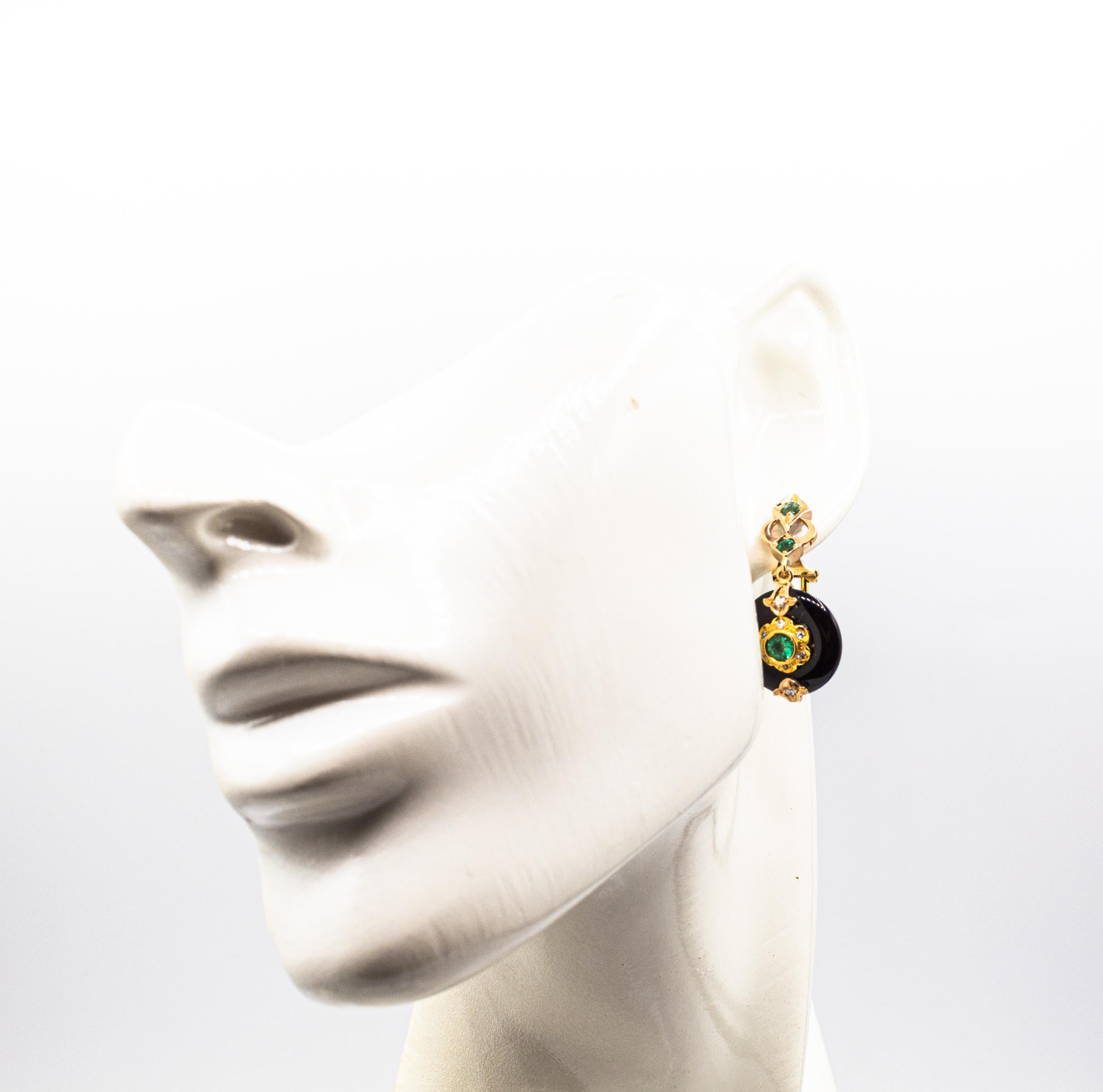 Art Deco Style White Diamond Handcut Onyx Emerald Yellow Gold Clip-On Earrings For Sale 1
