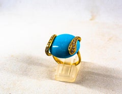 Art Deco Style White Diamond Handcut Turquoise Yellow Gold Cocktail "Snake" Ring