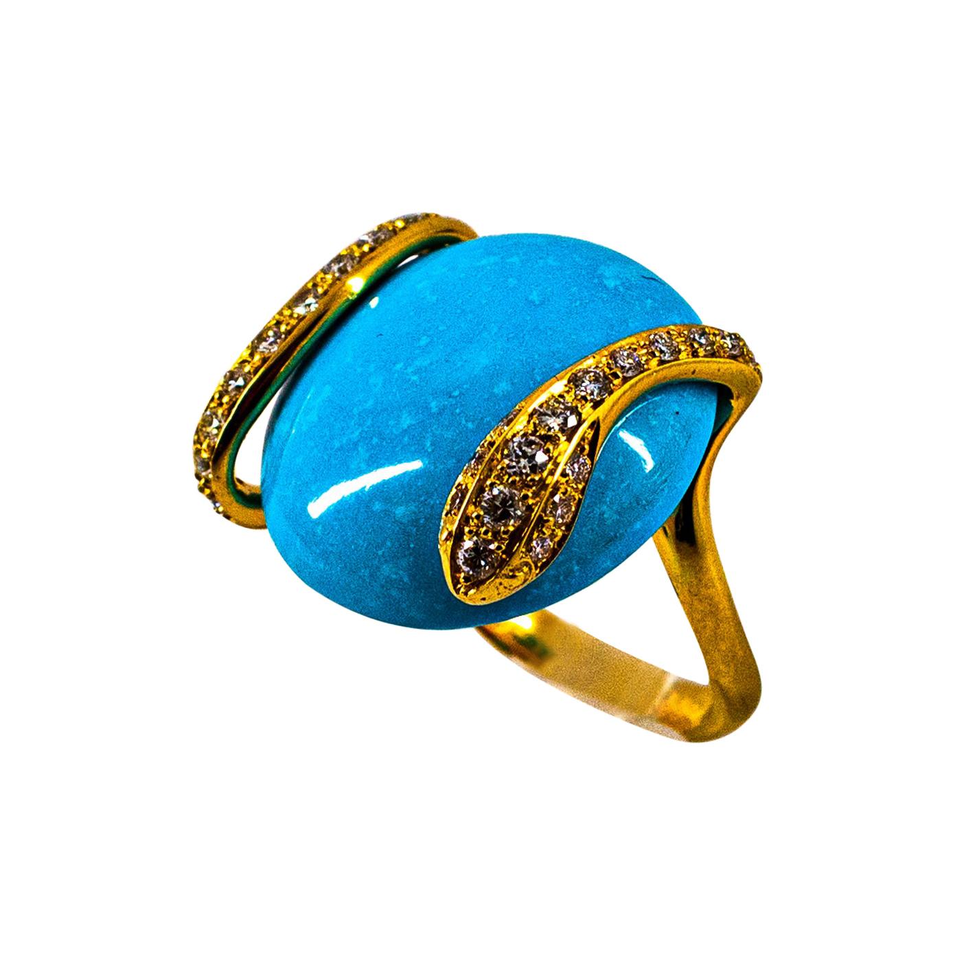 Art Deco Style White Diamond Handcut Turquoise Yellow Gold Cocktail "Snake" Ring