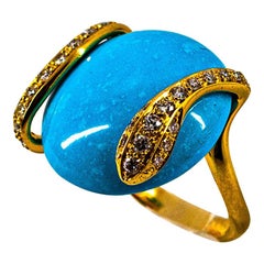 Art Deco Style White Diamond Handcut Turquoise Yellow Gold Cocktail "Snake" Ring