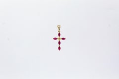 Art Deco Style White Diamond Marquise Cut Ruby Yellow Gold "Cross" Pendant