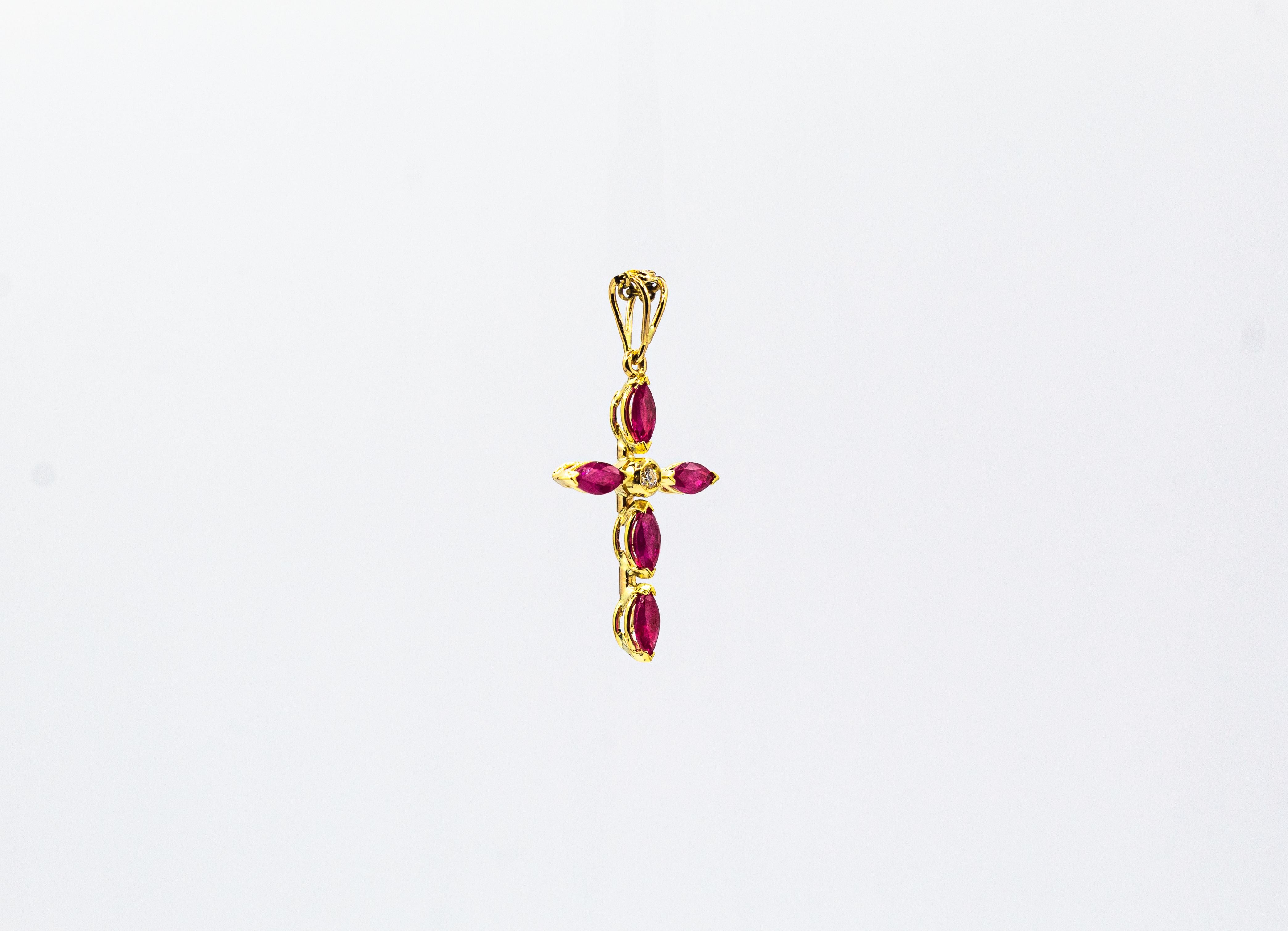 Art Deco Style White Diamond Marquise Cut Ruby Yellow Gold 