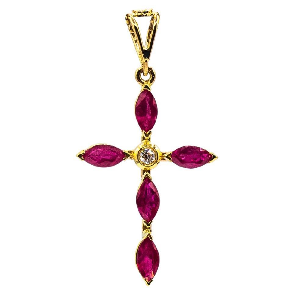 Art Deco Style White Diamond Marquise Cut Ruby Yellow Gold "Cross" Pendant For Sale