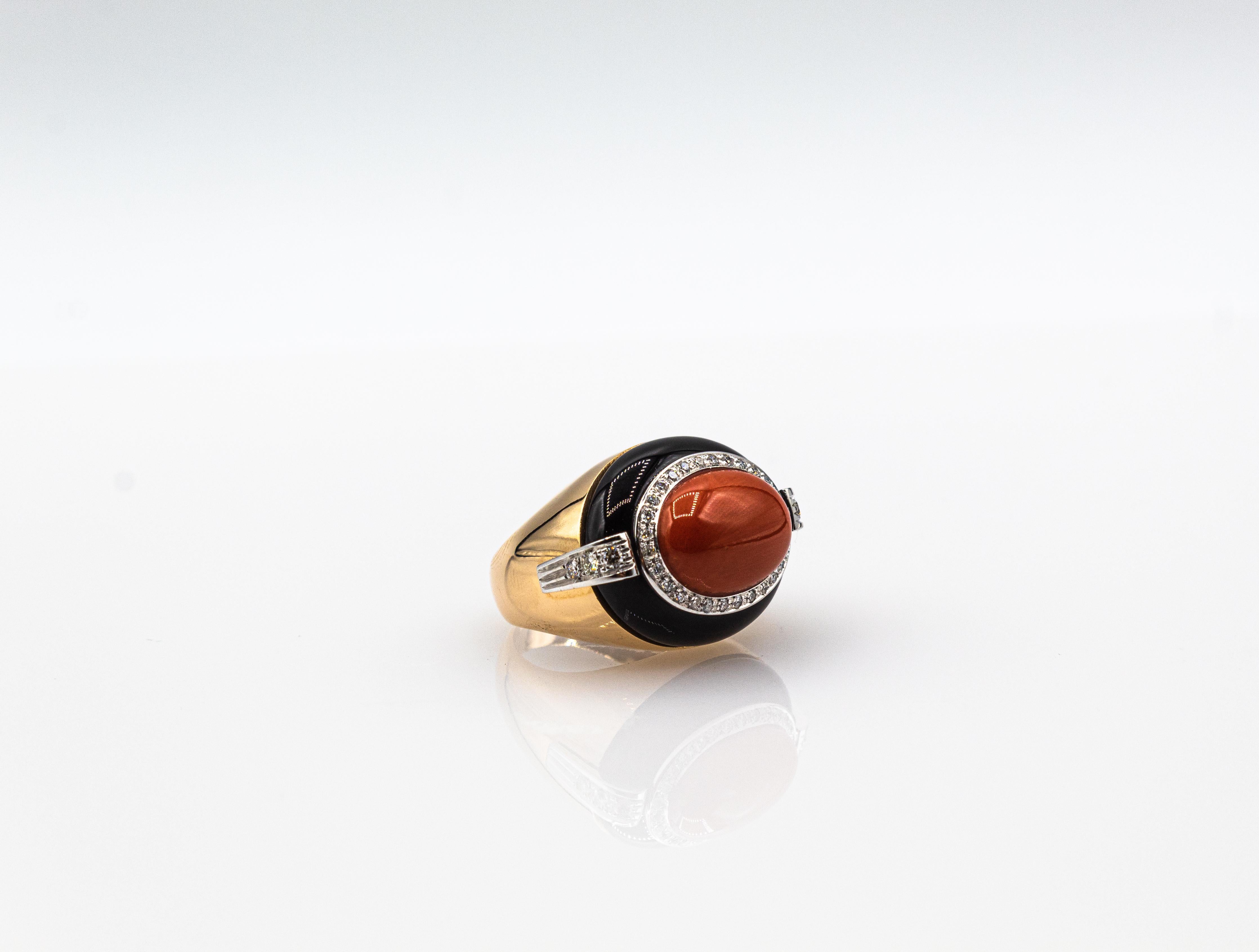 Art Deco Style White Diamond Mediterranean Coral Onyx Yellow Gold Cocktail Ring For Sale 5