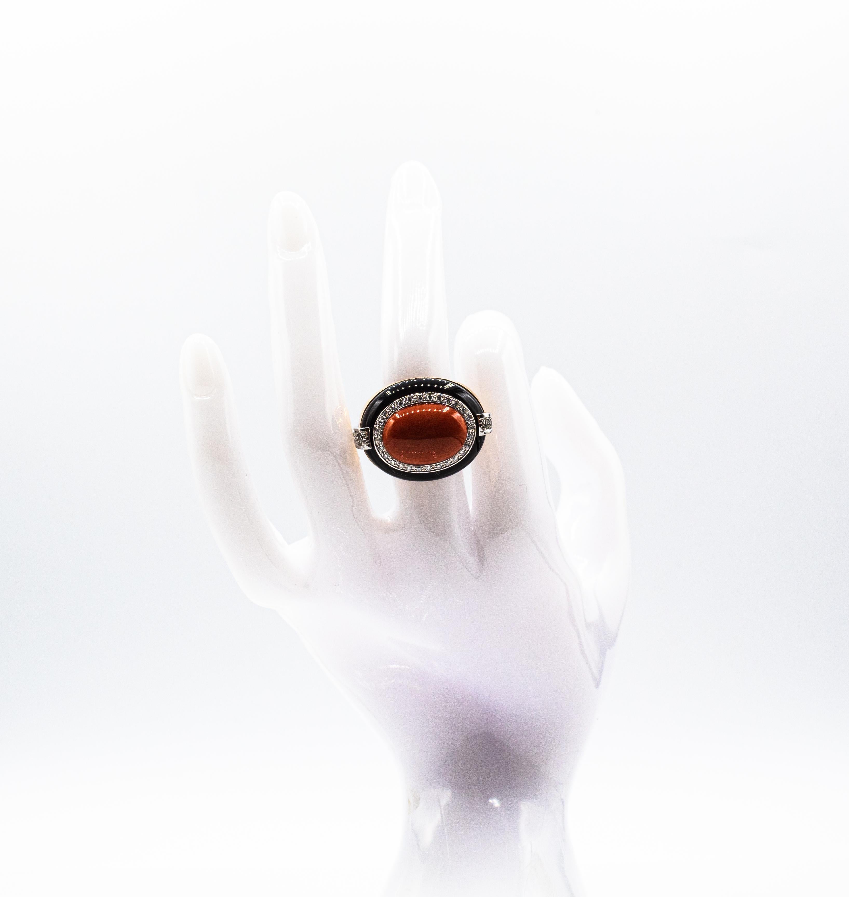 Art Deco Style White Diamond Mediterranean Coral Onyx Yellow Gold Cocktail Ring For Sale 6