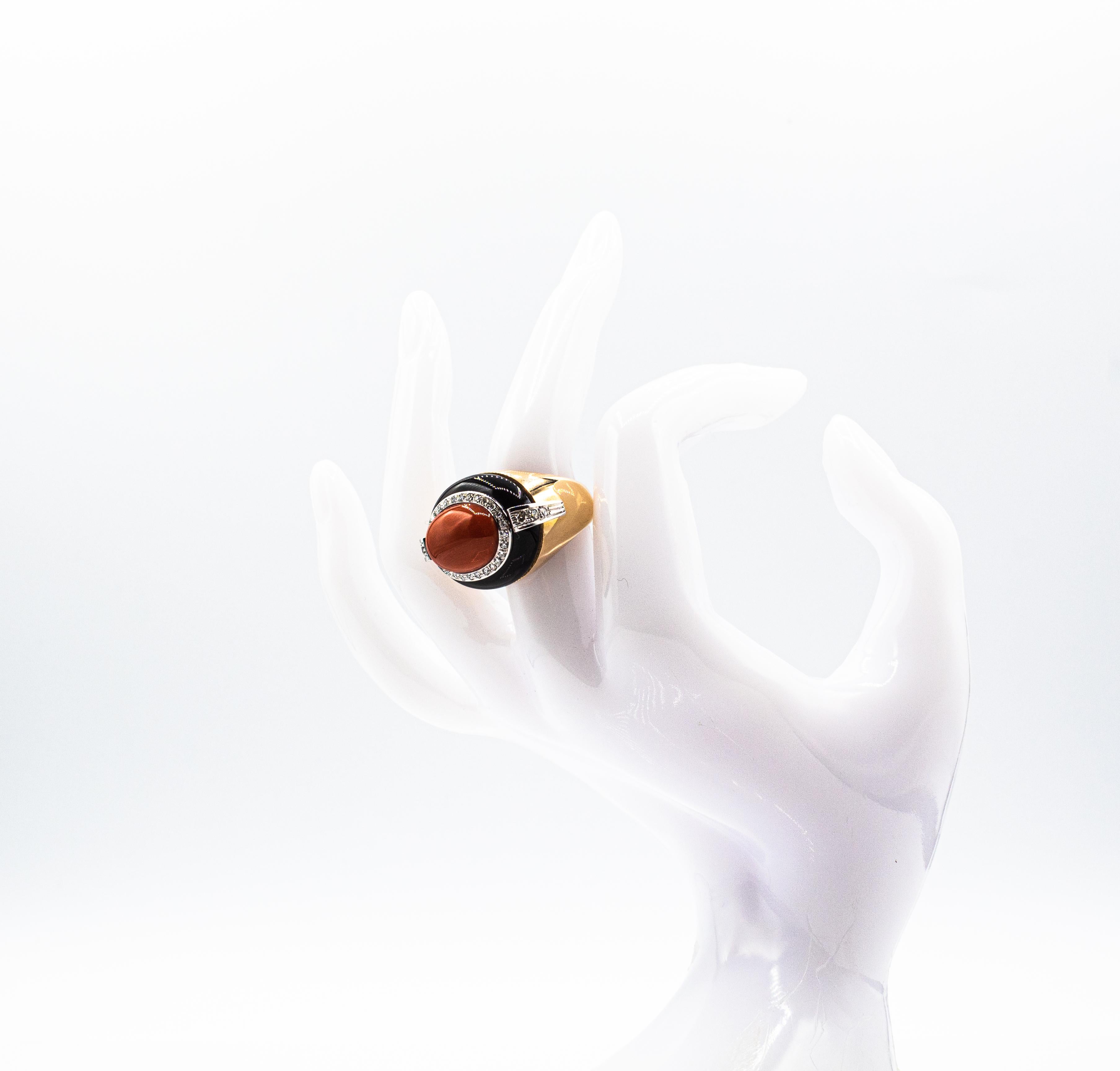 Art Deco Style White Diamond Mediterranean Coral Onyx Yellow Gold Cocktail Ring For Sale 8