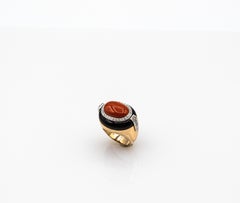 Art Deco Style White Diamond Mediterranean Coral Onyx Yellow Gold Cocktail Ring