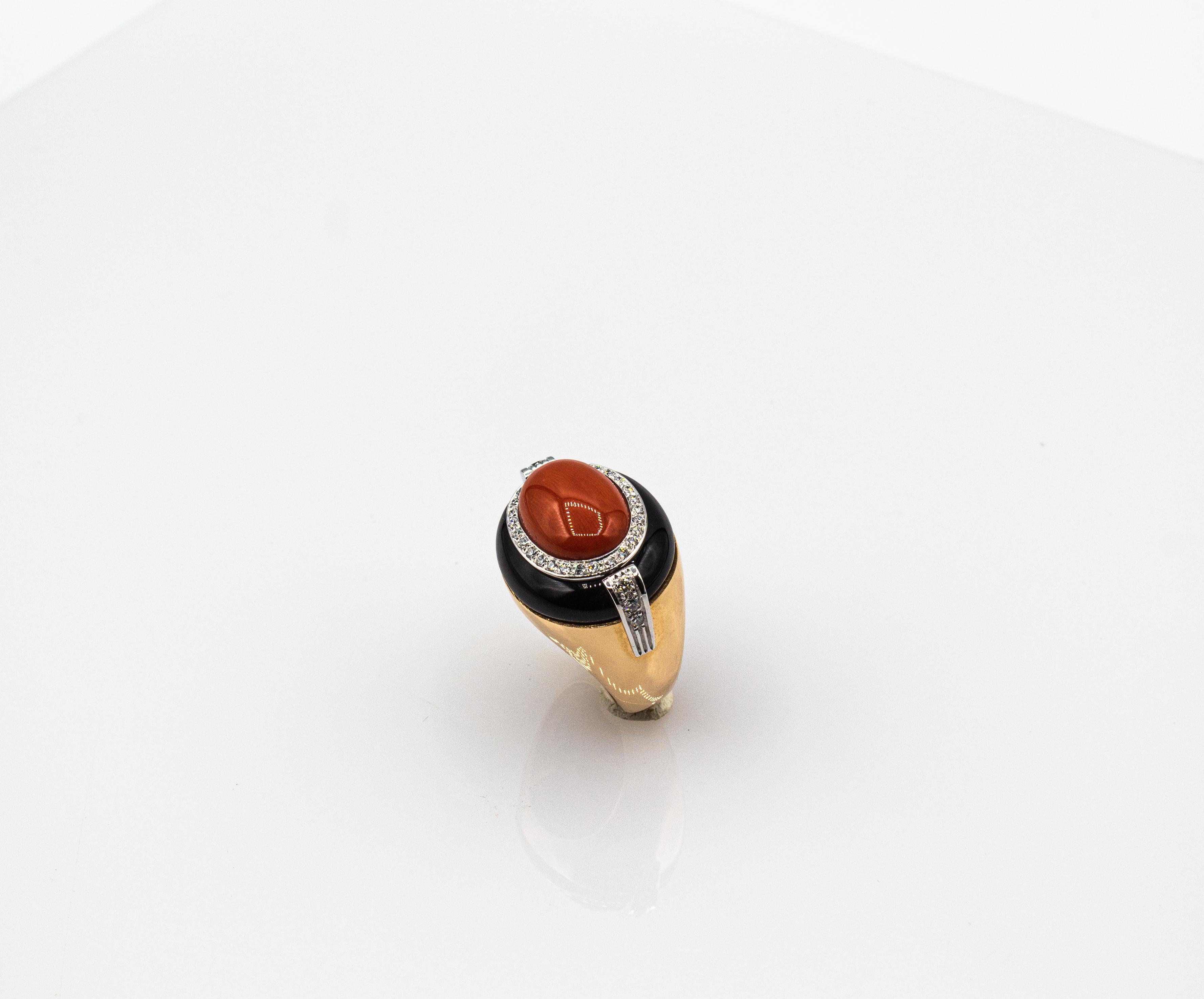 Brilliant Cut Art Deco Style White Diamond Mediterranean Coral Onyx Yellow Gold Cocktail Ring For Sale
