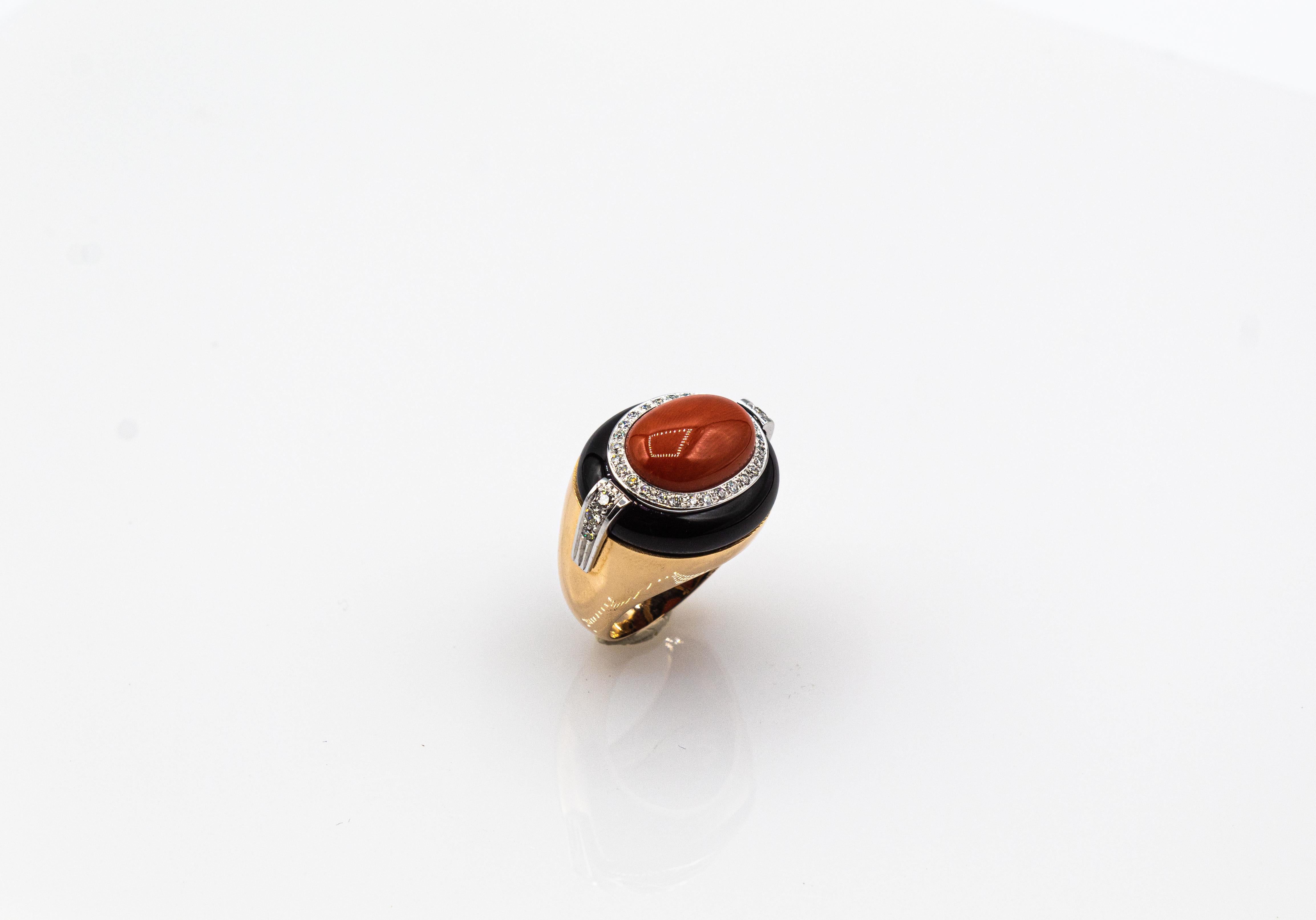 Women's or Men's Art Deco Style White Diamond Mediterranean Coral Onyx Yellow Gold Cocktail Ring For Sale