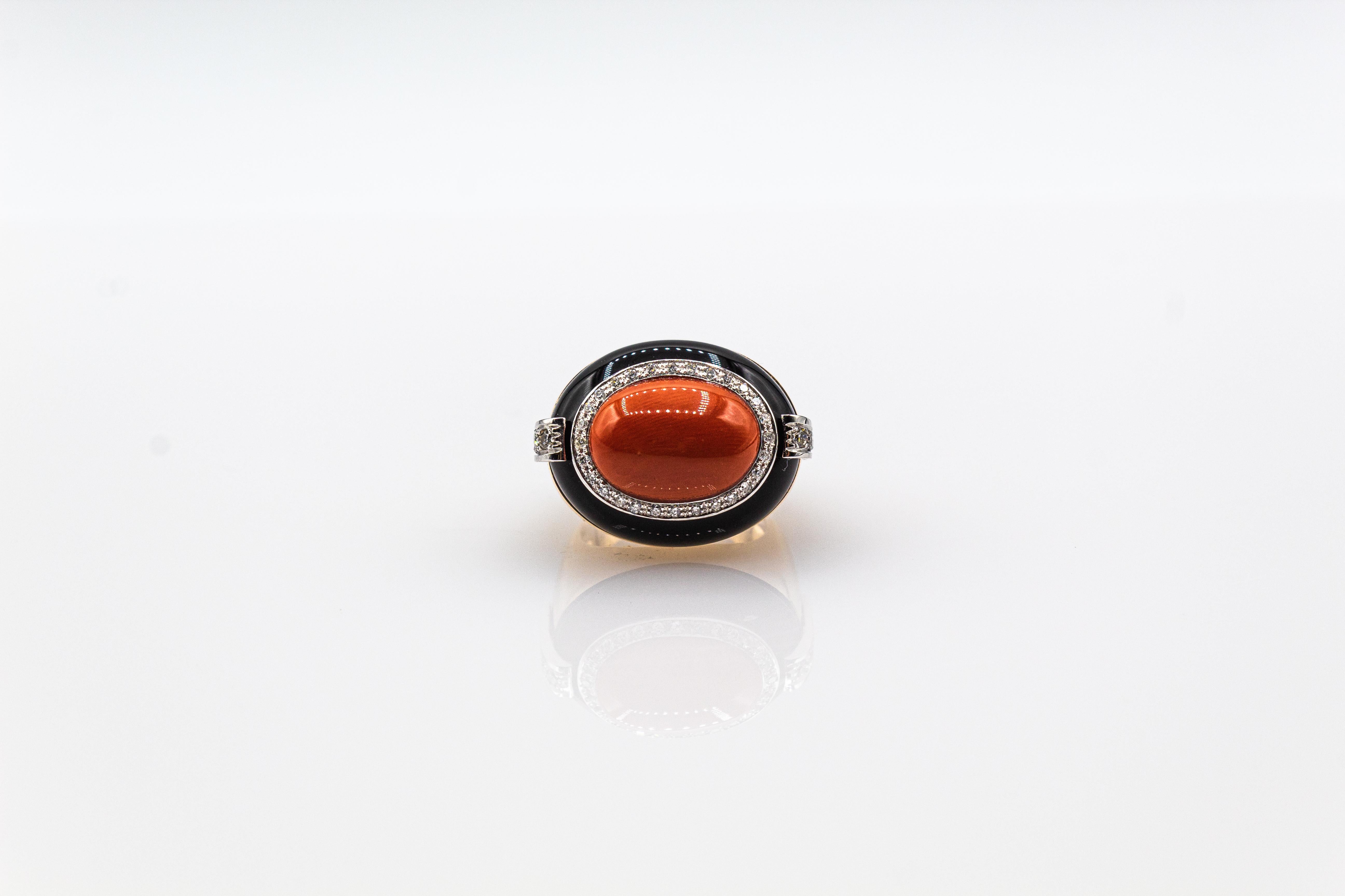 Art Deco Style White Diamond Mediterranean Coral Onyx Yellow Gold Cocktail Ring For Sale 1