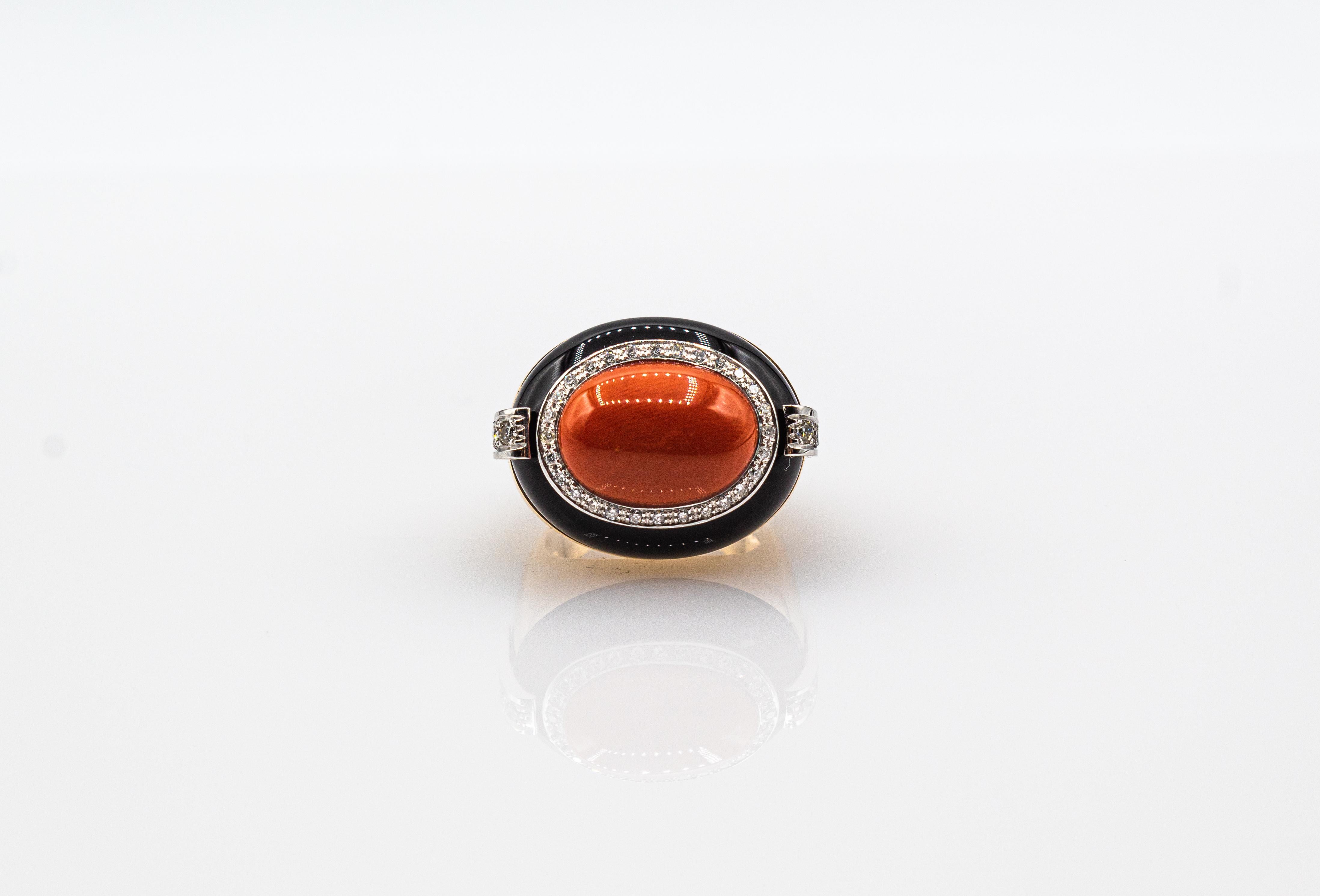 Art Deco Style White Diamond Mediterranean Coral Onyx Yellow Gold Cocktail Ring For Sale 2