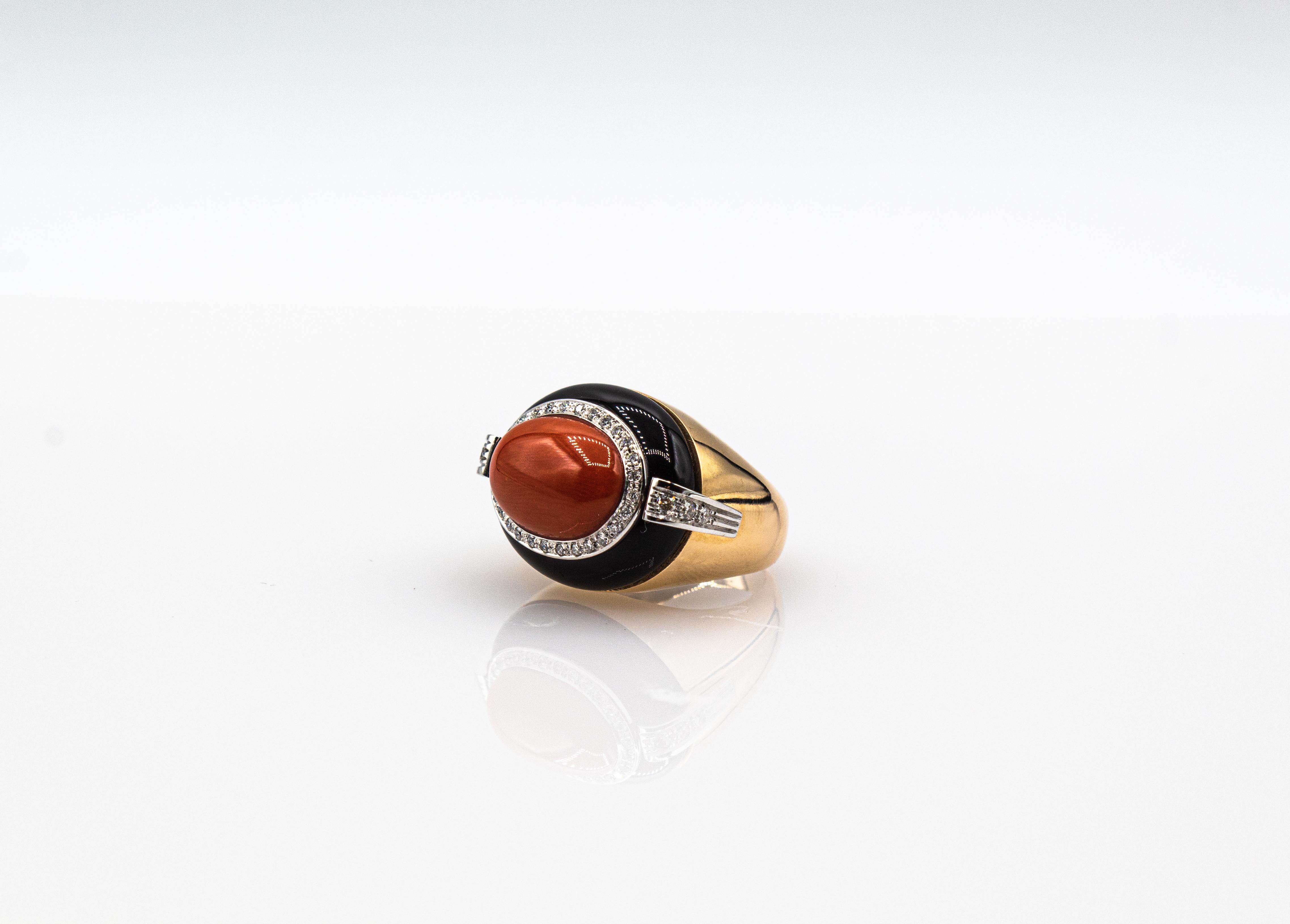 Art Deco Style White Diamond Mediterranean Coral Onyx Yellow Gold Cocktail Ring For Sale 3