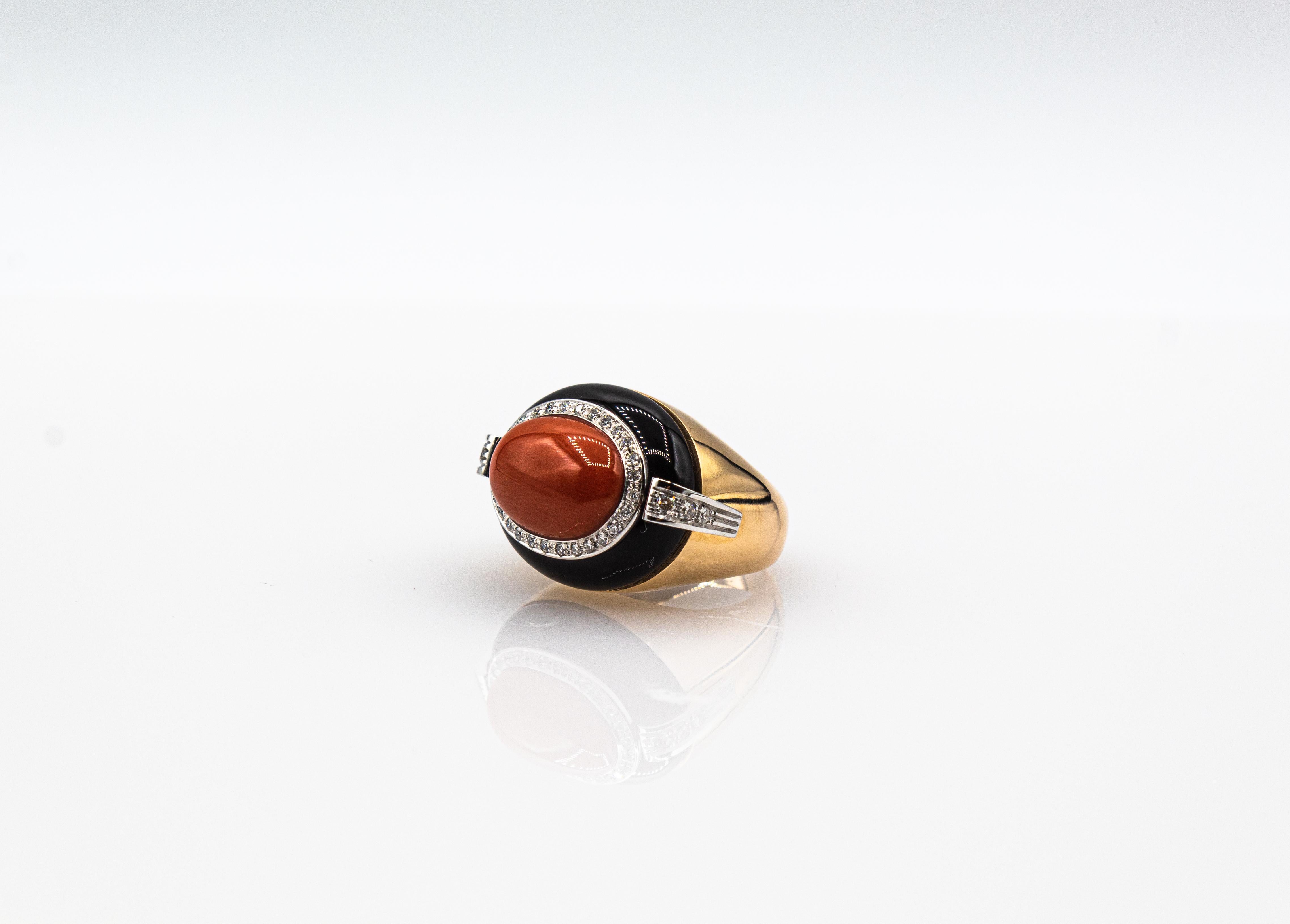 Art Deco Style White Diamond Mediterranean Coral Onyx Yellow Gold Cocktail Ring For Sale 3