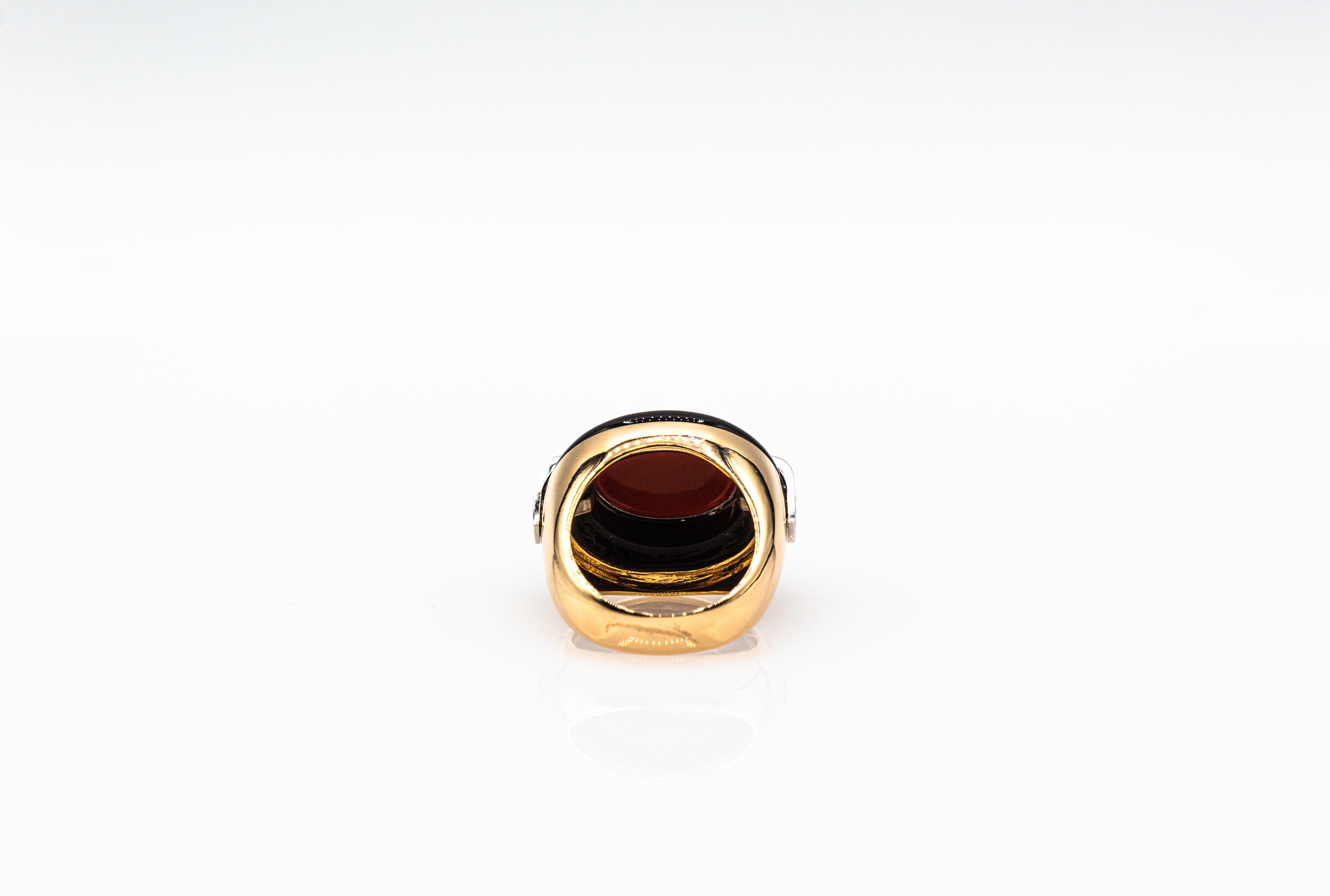 Art Deco Style White Diamond Mediterranean Coral Onyx Yellow Gold Cocktail Ring For Sale 4