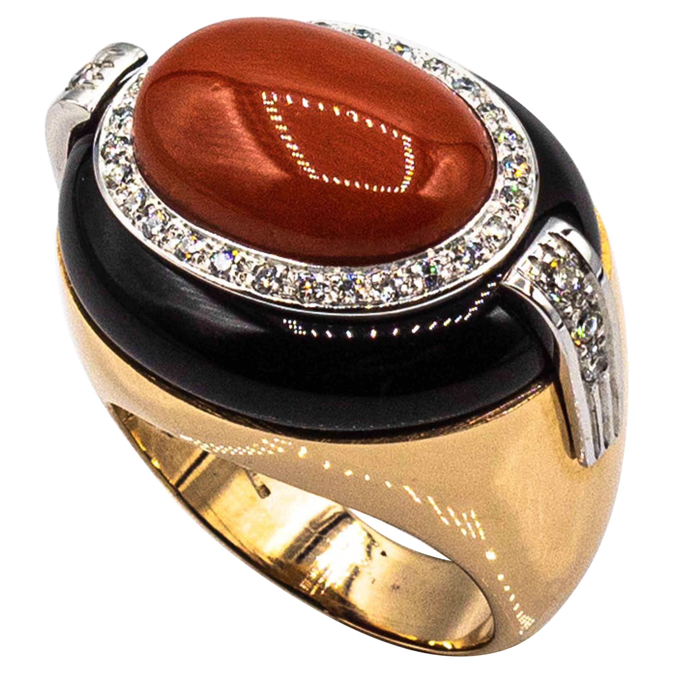Art Deco Style White Diamond Mediterranean Coral Onyx Yellow Gold Cocktail Ring For Sale