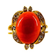 Art Deco Style White Diamond Mediterranean Peach Coral Yellow Gold Cocktail Ring