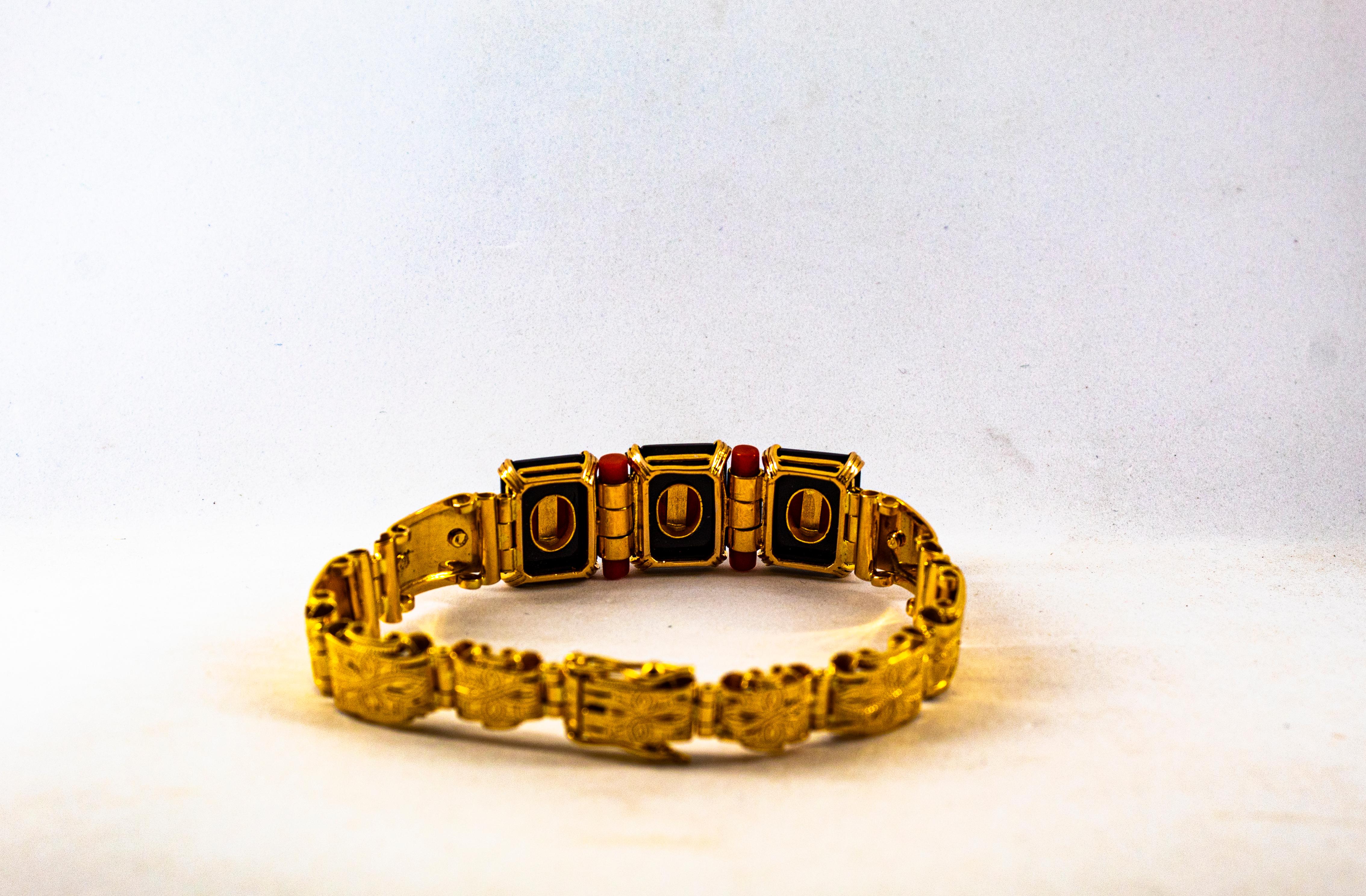Bracelet en or jaune, style Art Déco, diamant blanc, corail rouge méditerranéen, onyx en vente 4