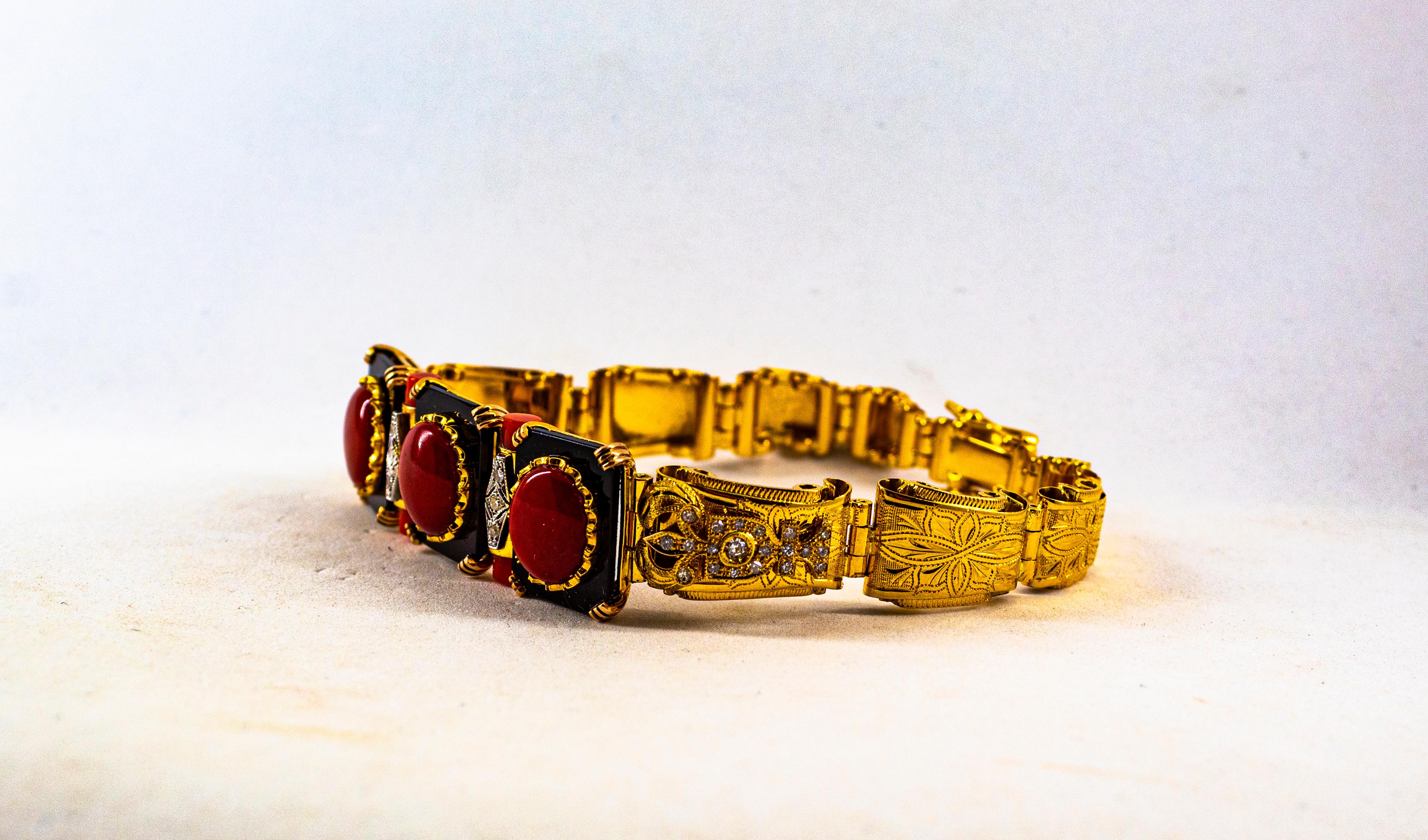 Art Deco Style White Diamond Mediterranean Red Coral Onyx Yellow Gold Bracelet For Sale 6