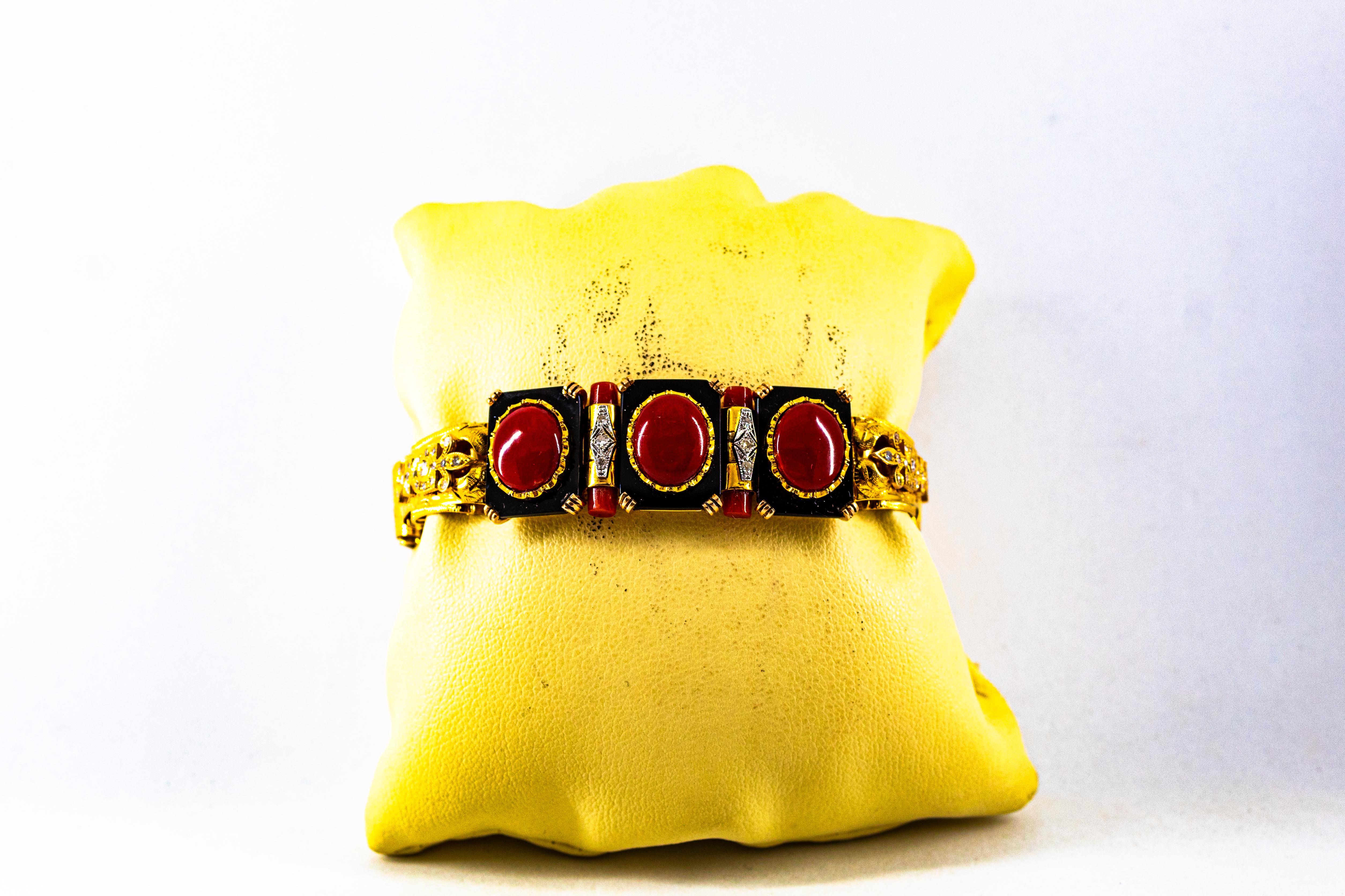Art Deco Style White Diamond Mediterranean Red Coral Onyx Yellow Gold Bracelet For Sale 7