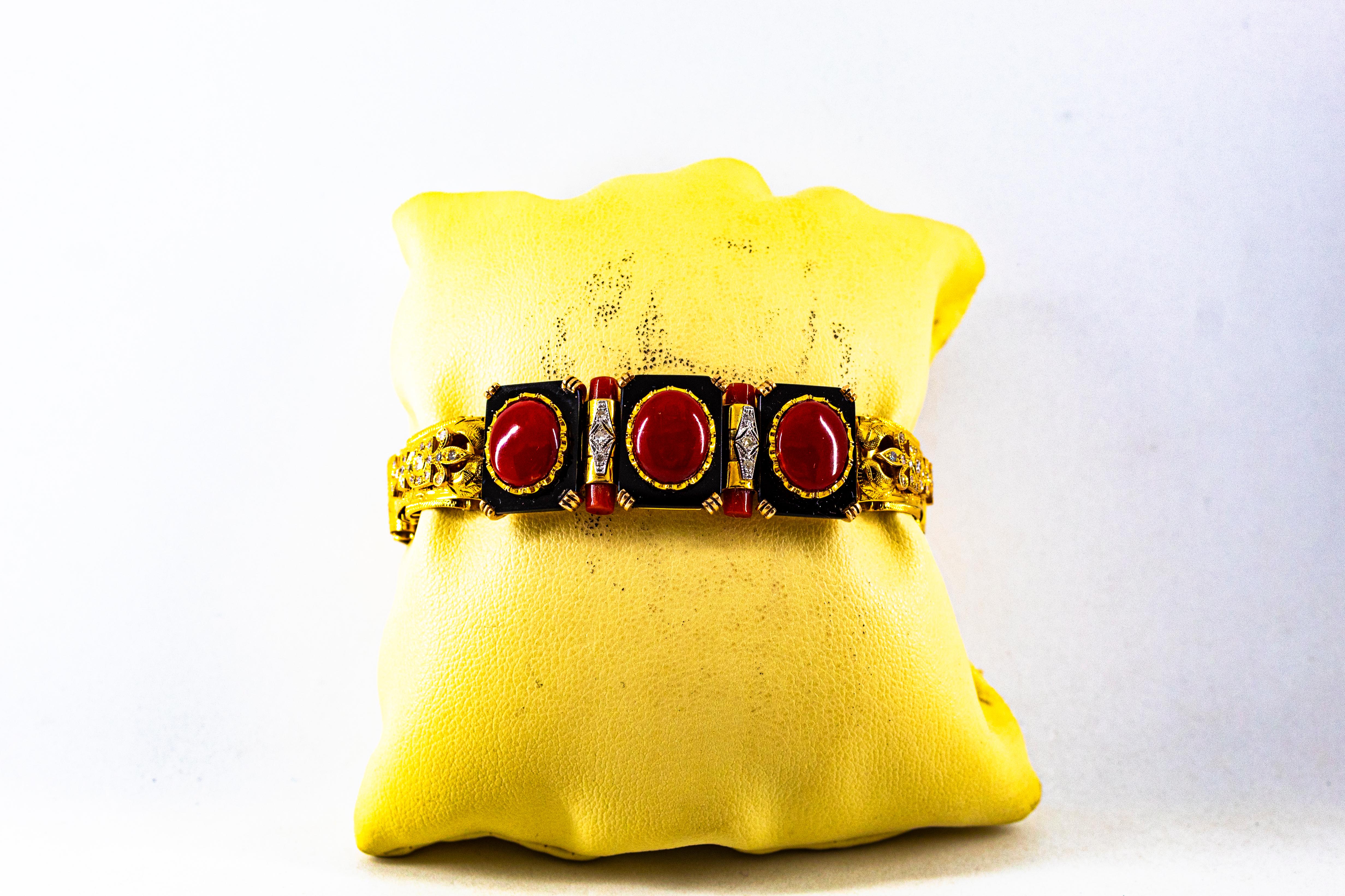 Art Deco Style White Diamond Mediterranean Red Coral Onyx Yellow Gold Bracelet For Sale 8