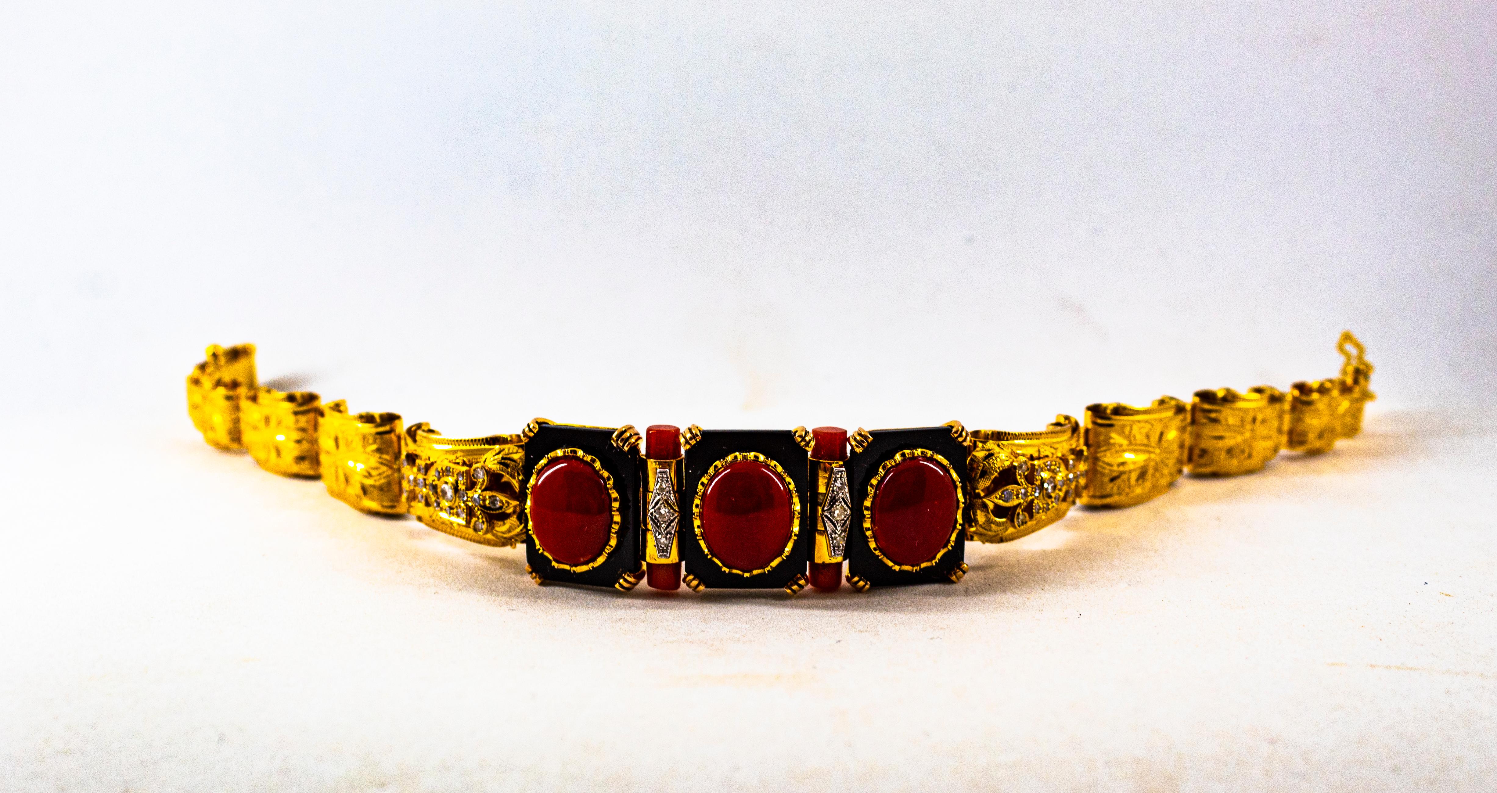 Bracelet en or jaune, style Art Déco, diamant blanc, corail rouge méditerranéen, onyx en vente 8