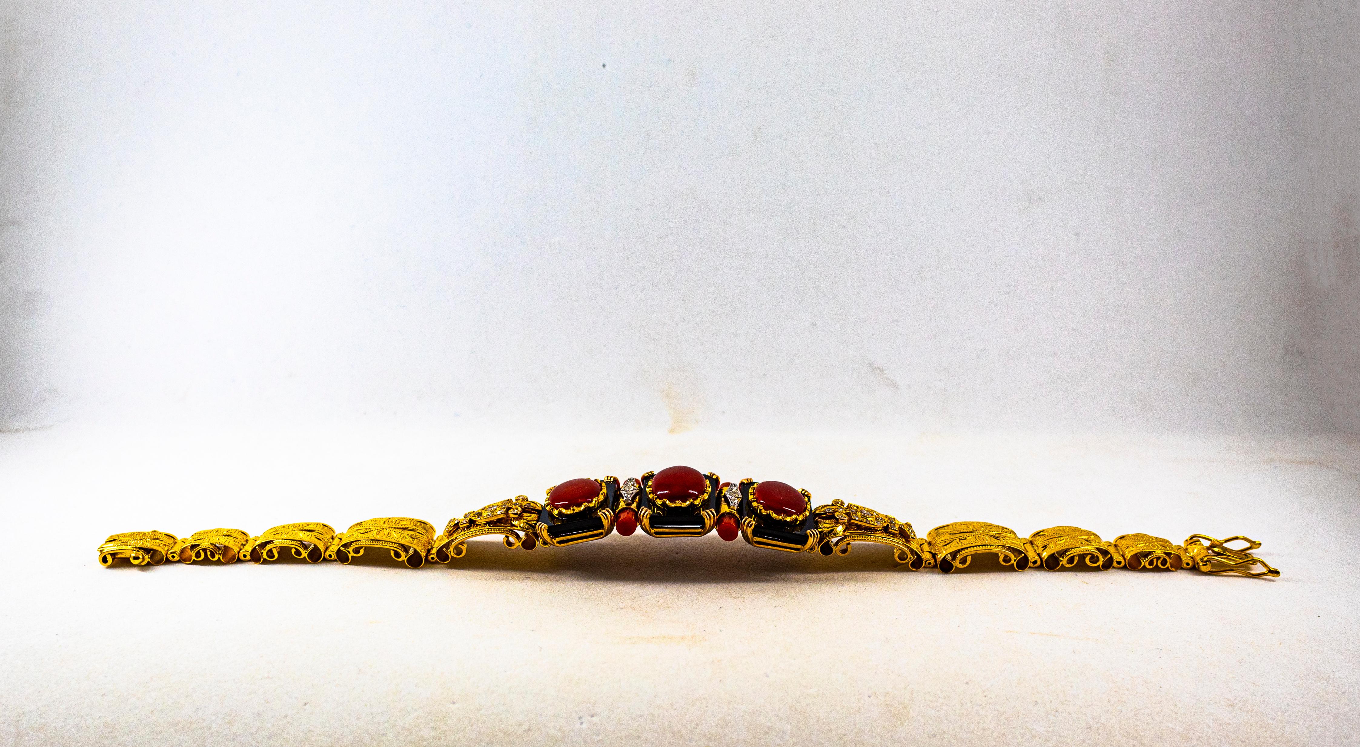 Bracelet en or jaune, style Art Déco, diamant blanc, corail rouge méditerranéen, onyx en vente 9