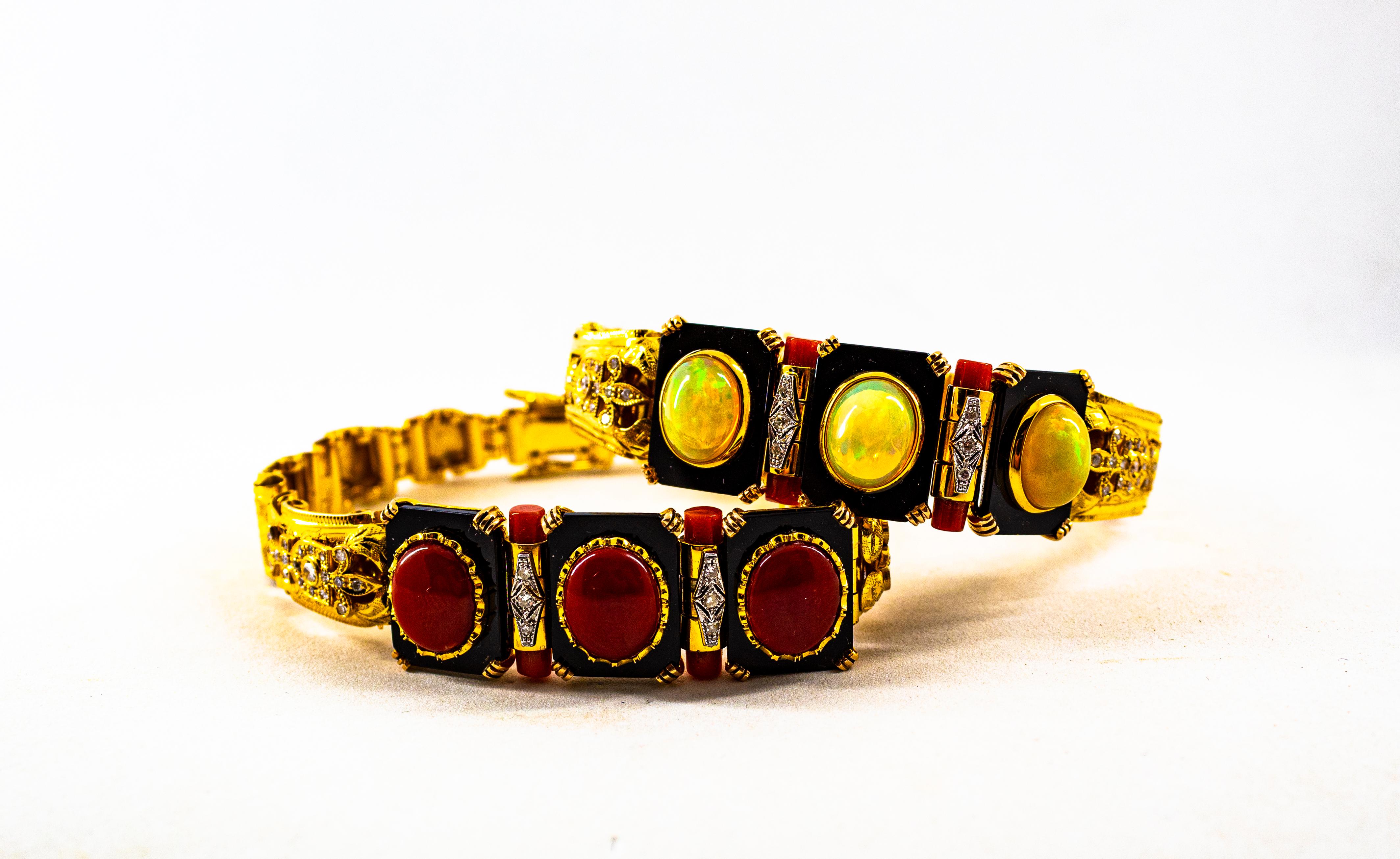 Brilliant Cut Art Deco Style White Diamond Mediterranean Red Coral Onyx Yellow Gold Bracelet For Sale