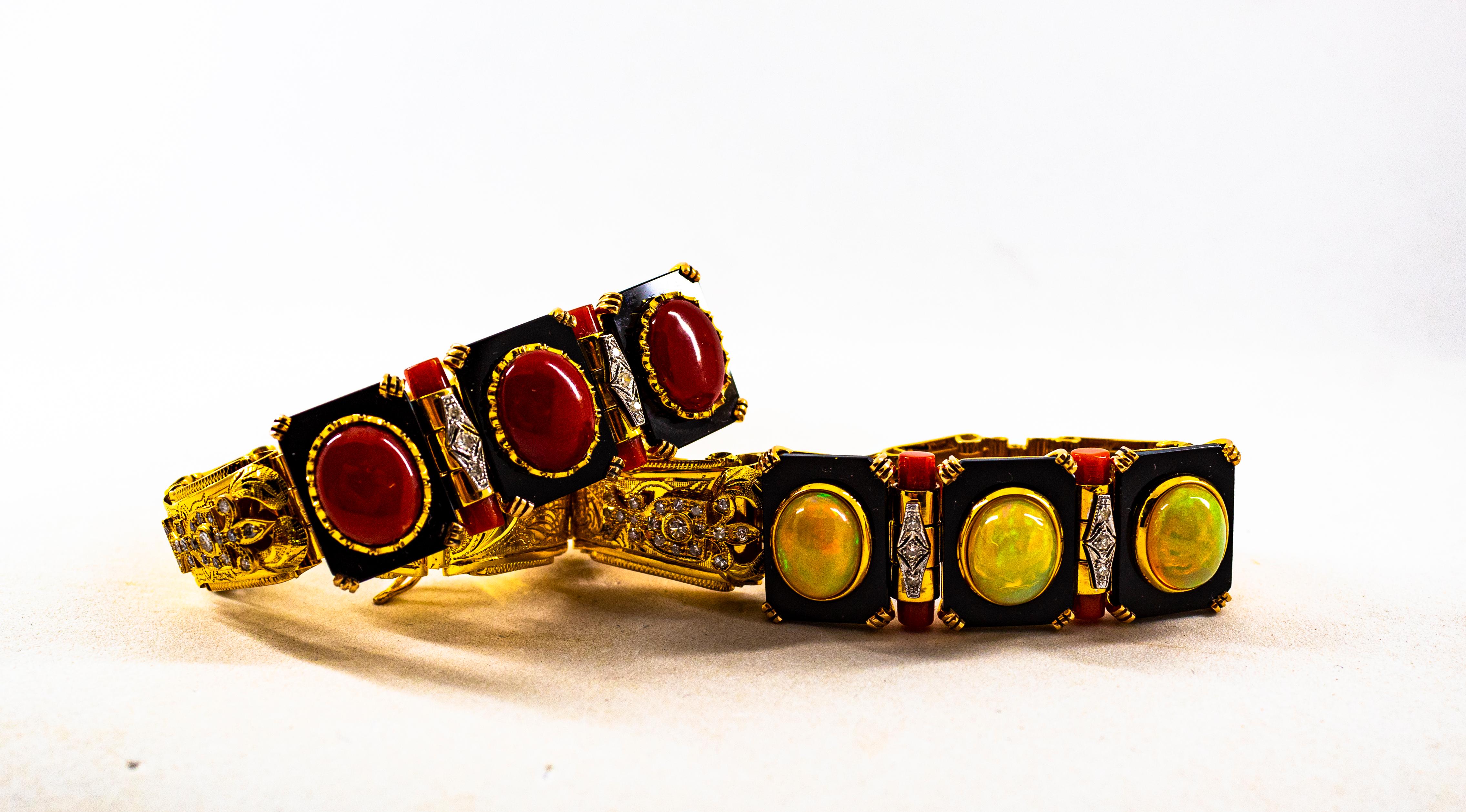 Gelbgold-Armband im Art-déco-Stil mit weißen Diamanten, mediterraner roter Koralle und Onyx (Brillantschliff) im Angebot