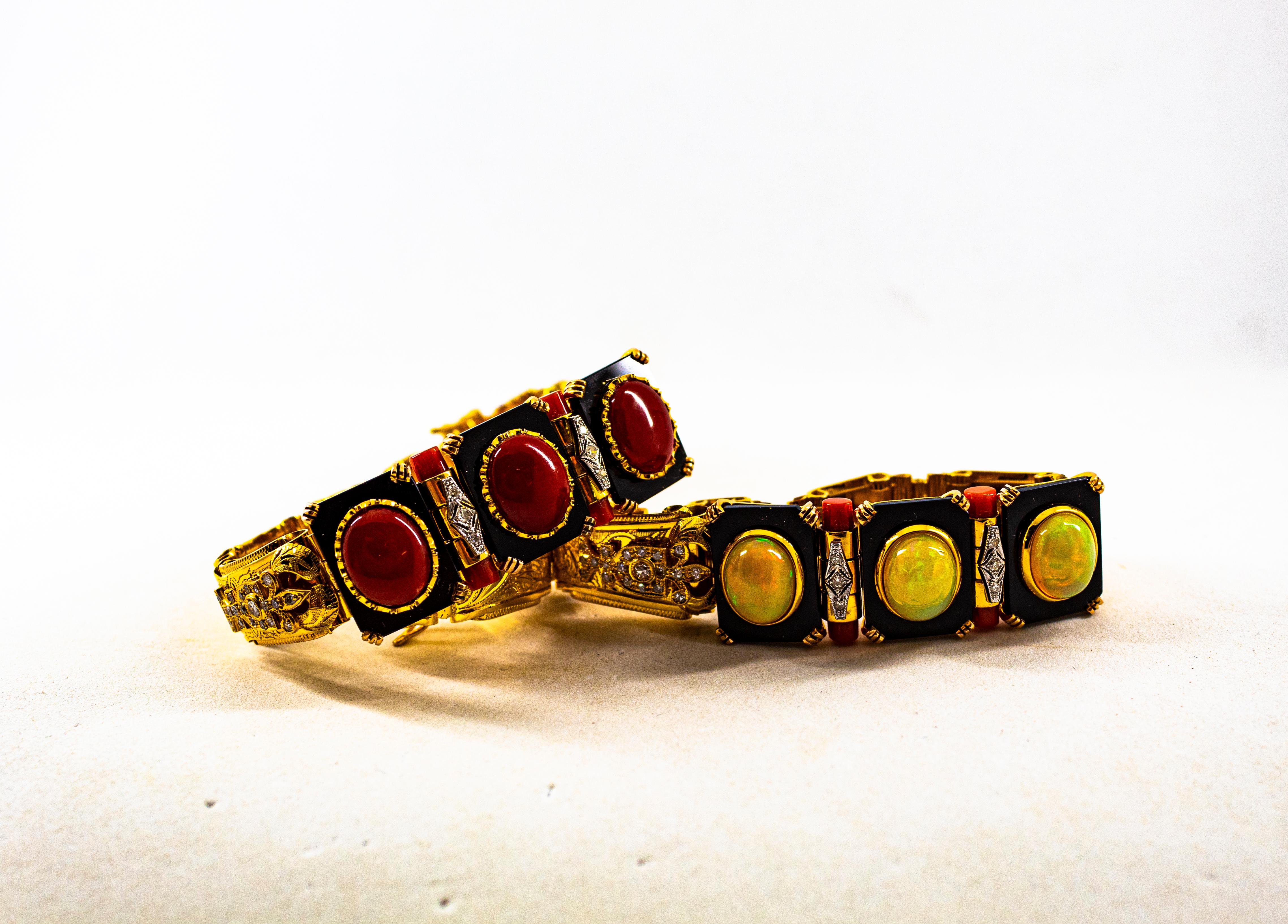 Women's or Men's Art Deco Style White Diamond Mediterranean Red Coral Onyx Yellow Gold Bracelet