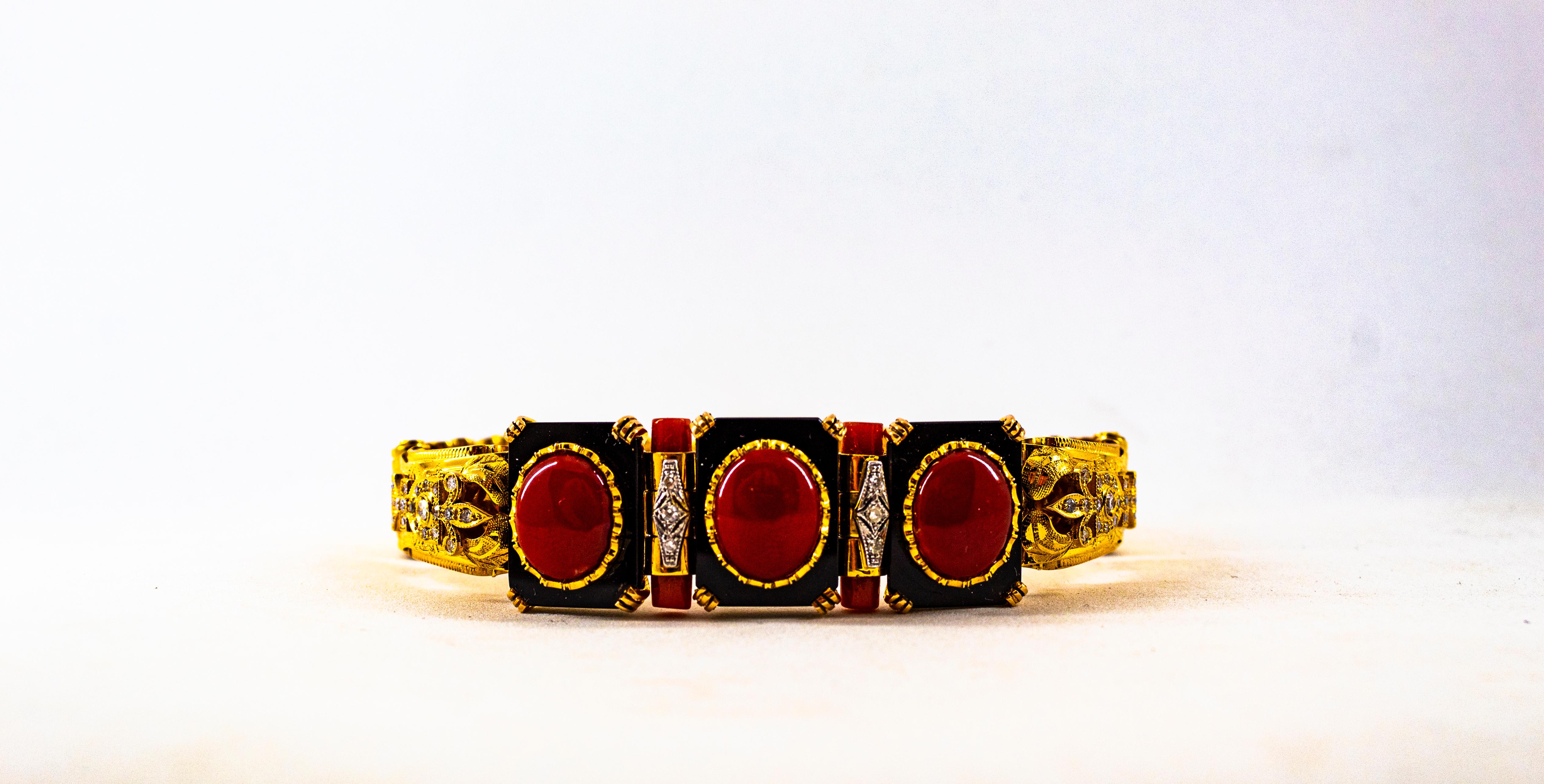 Art Deco Style White Diamond Mediterranean Red Coral Onyx Yellow Gold Bracelet For Sale 1