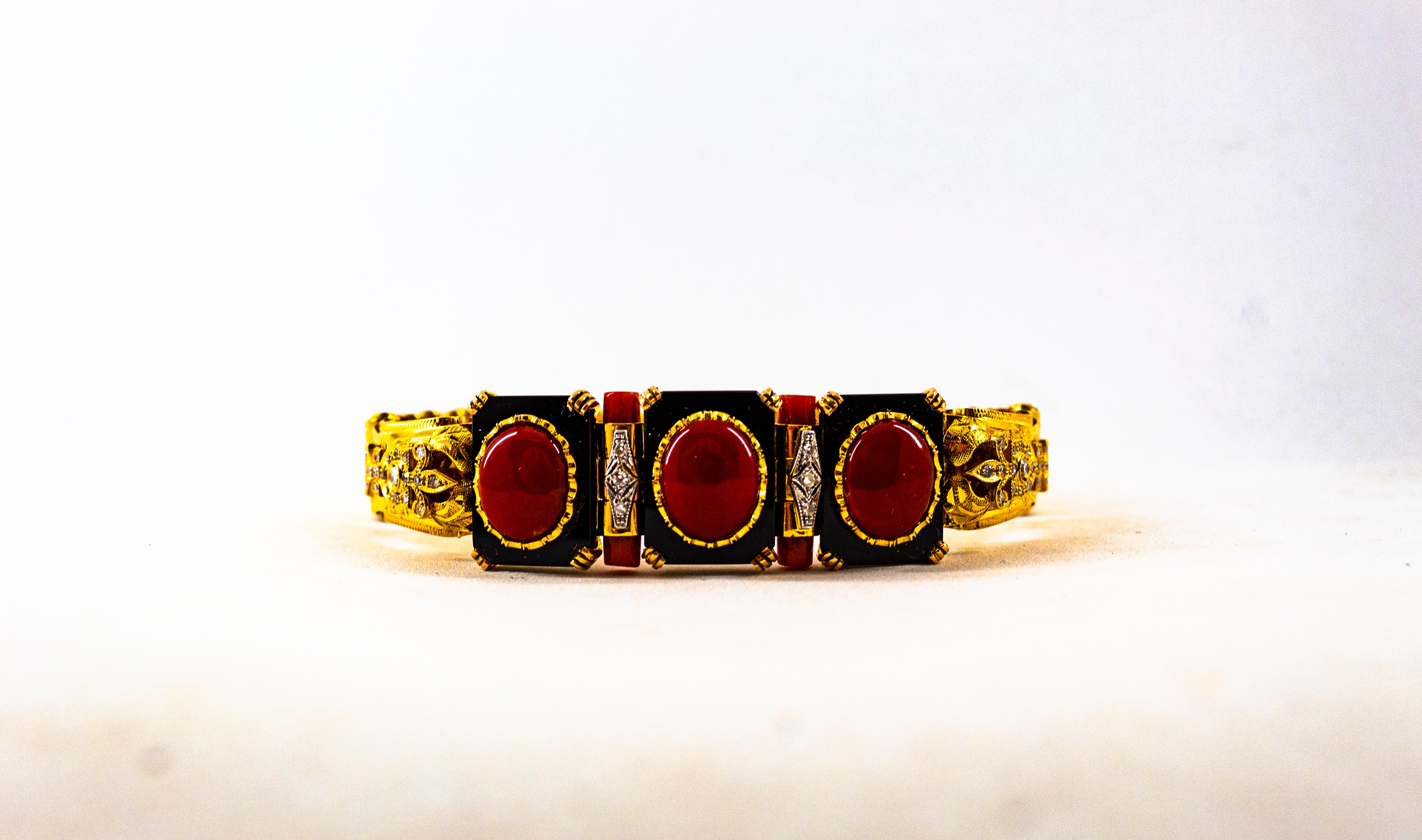 Art Deco Style White Diamond Mediterranean Red Coral Onyx Yellow Gold Bracelet For Sale 2