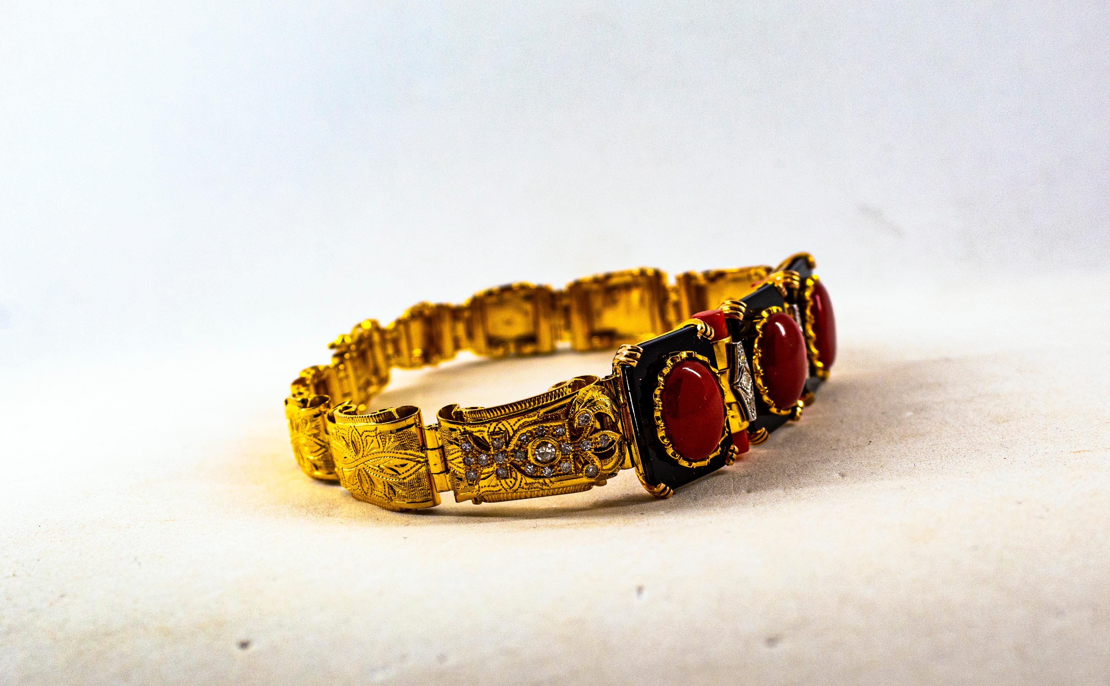Art Deco Style White Diamond Mediterranean Red Coral Onyx Yellow Gold Bracelet For Sale 3
