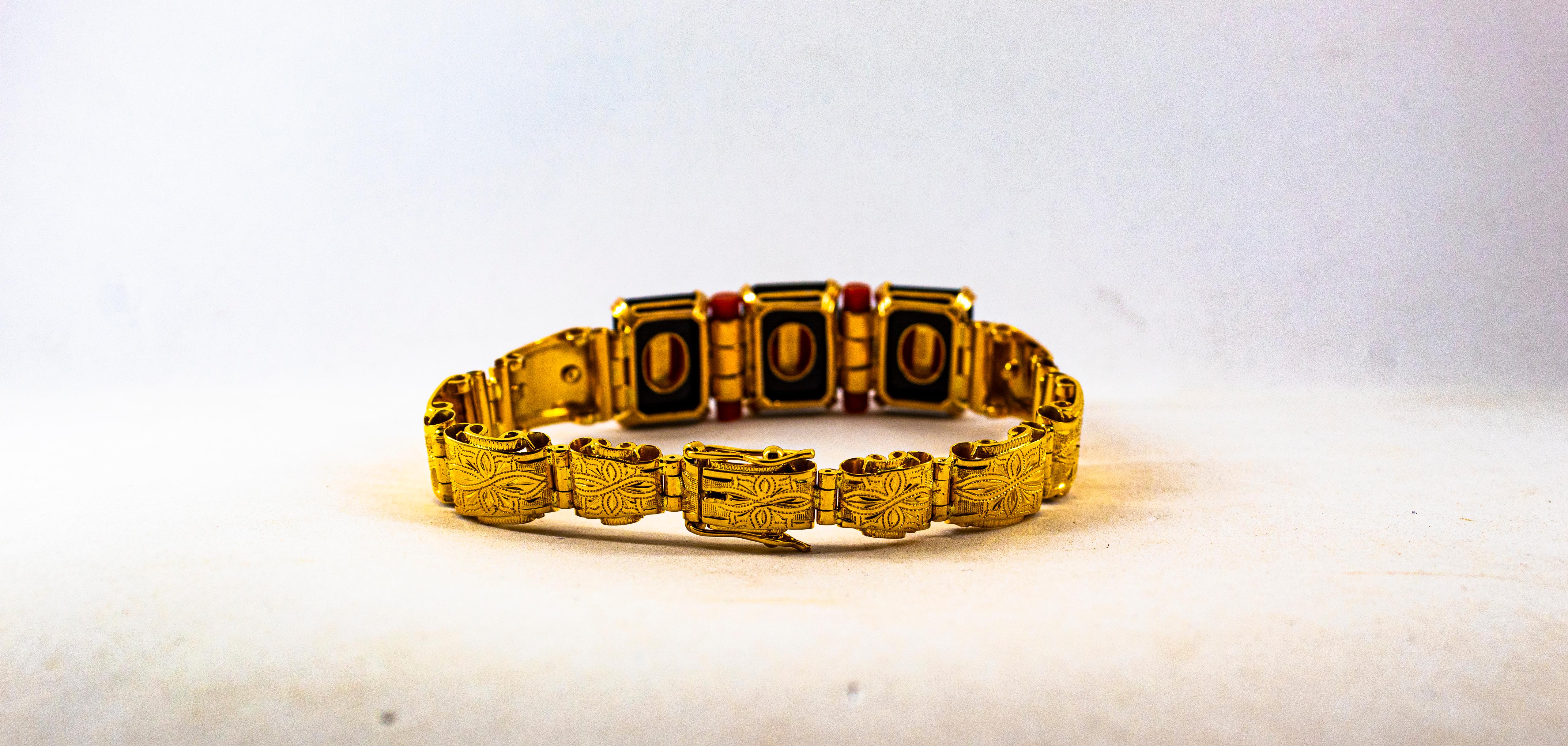 Art Deco Style White Diamond Mediterranean Red Coral Onyx Yellow Gold Bracelet For Sale 4
