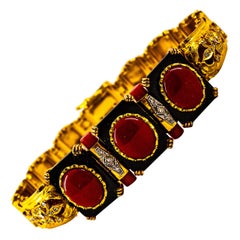 Art Deco Style White Diamond Mediterranean Red Coral Onyx Yellow Gold Bracelet