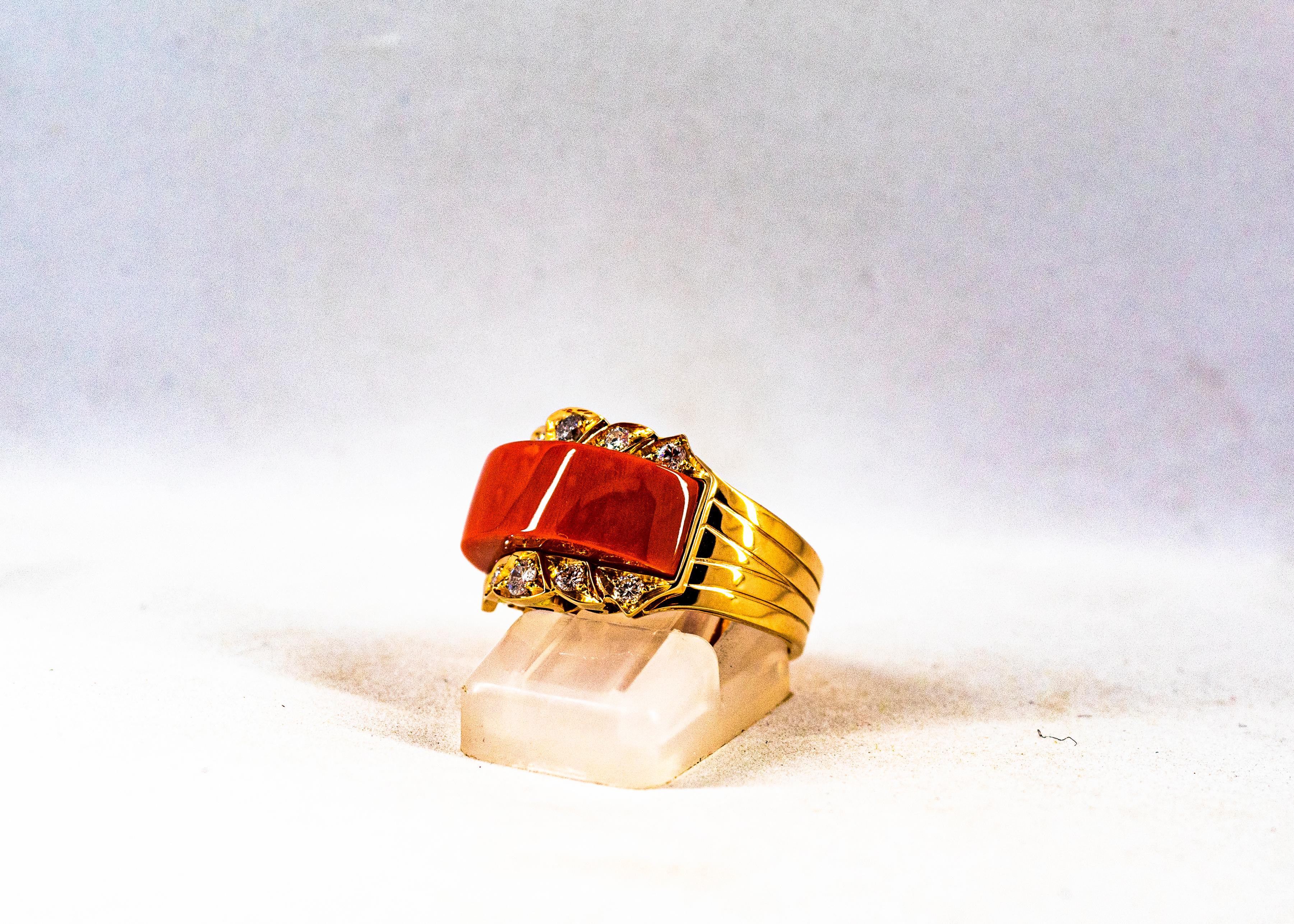 Art Deco Style White Diamond Mediterranean Red Coral Yellow Gold Cocktail Ring 5