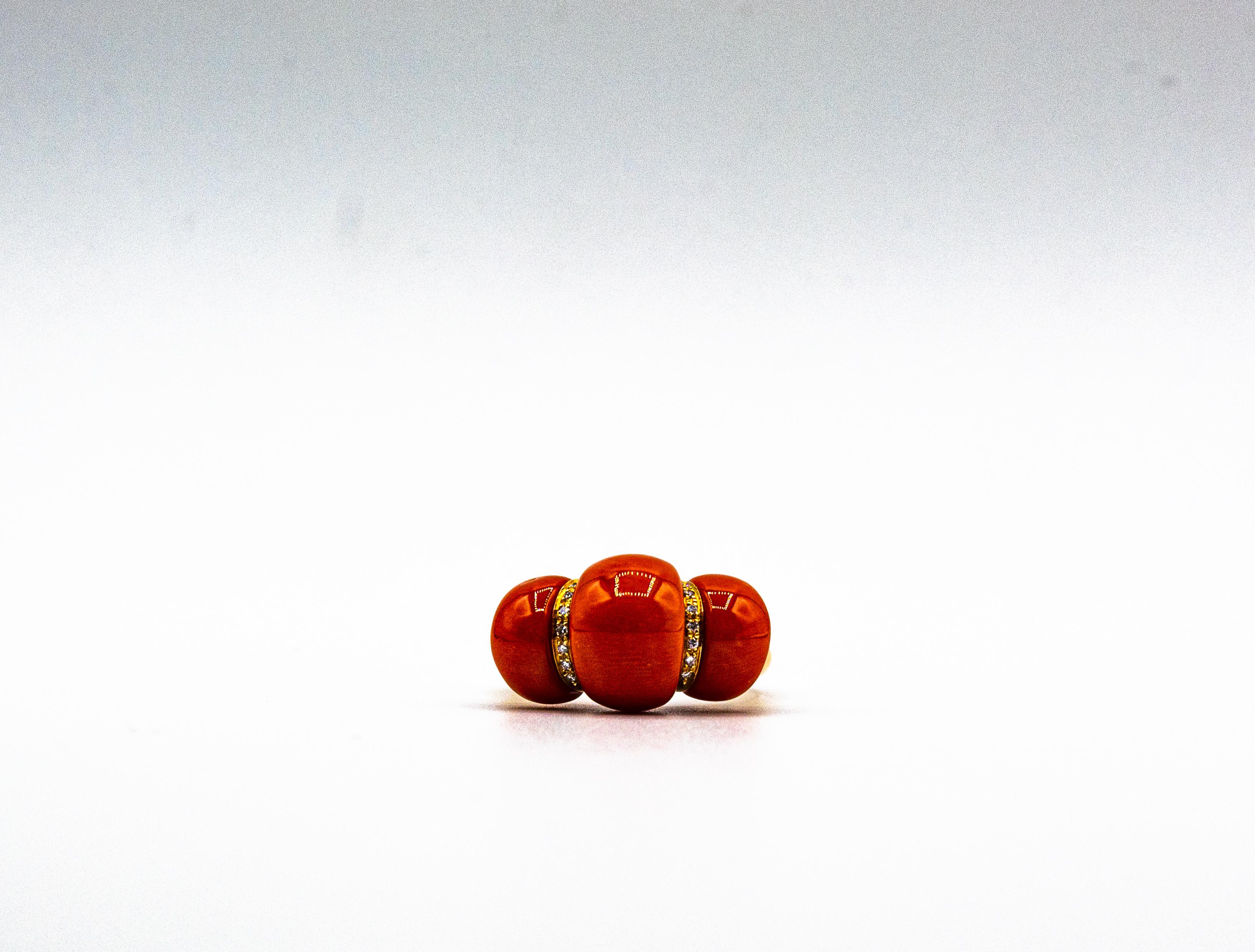 Art Deco Style White Diamond Mediterranean Red Coral Yellow Gold Cocktail Ring For Sale 5