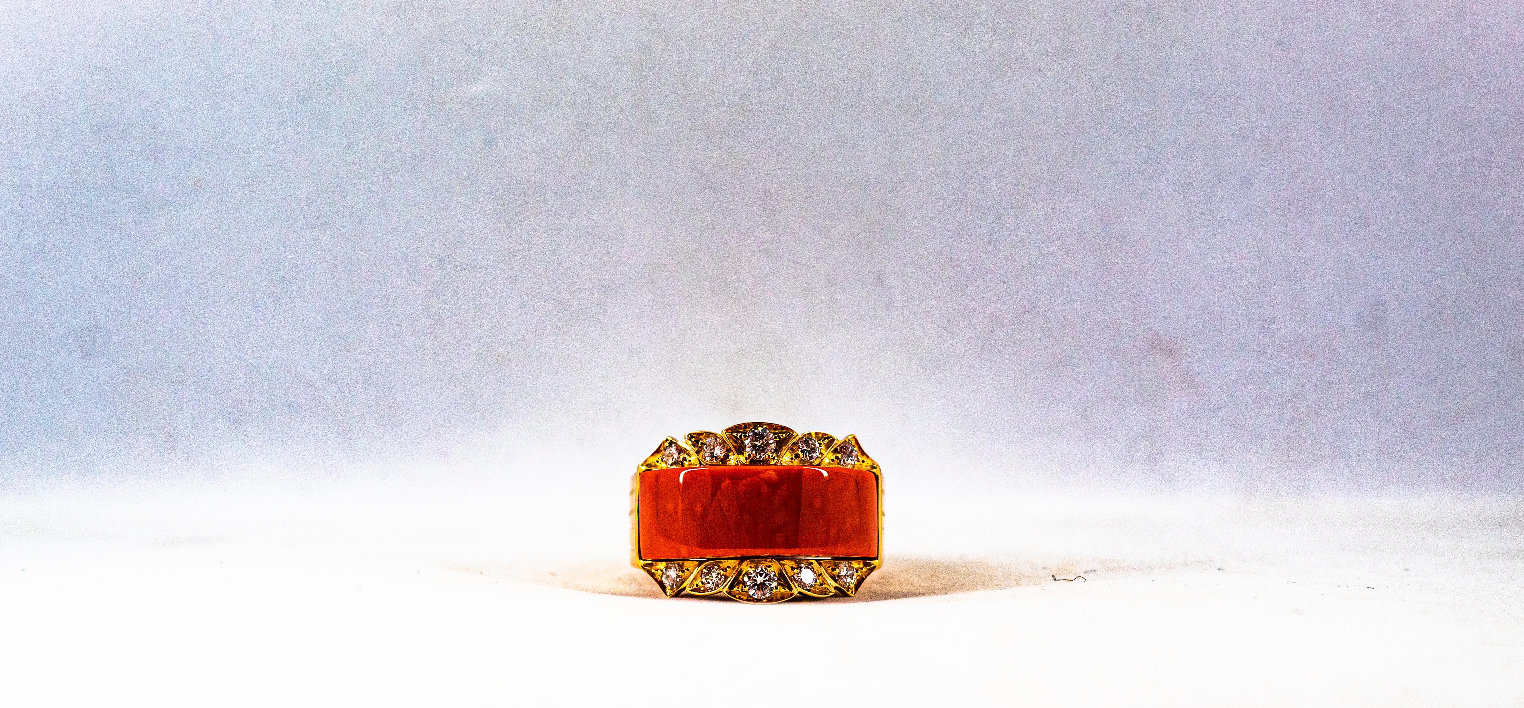 Art Deco Style White Diamond Mediterranean Red Coral Yellow Gold Cocktail Ring For Sale 4
